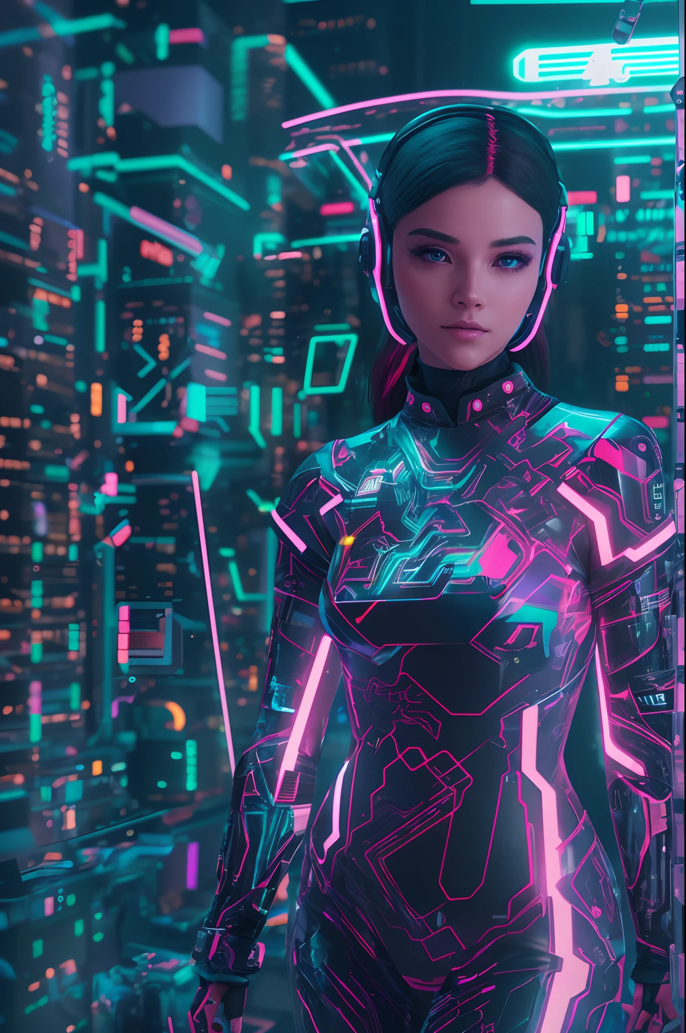 Digital girl, part hologram, (best quality,4k,8k,highres,masterpiece:1.2),ultra-detailed,(realistic,photorealistic,photo-realistic:1.37), vivid colors, bokeh, 3D rendering, interactive art, futuristic landscape, glowing circuit patterns, cyberpunk aesthetic, vibrant neon lights, pixelated effects, glowing particles, motion blur, glitch effects, high-tech fashion, holographic makeup, reflective surfaces, dynamic posing, sleek and modern design, immersive virtual reality environment.