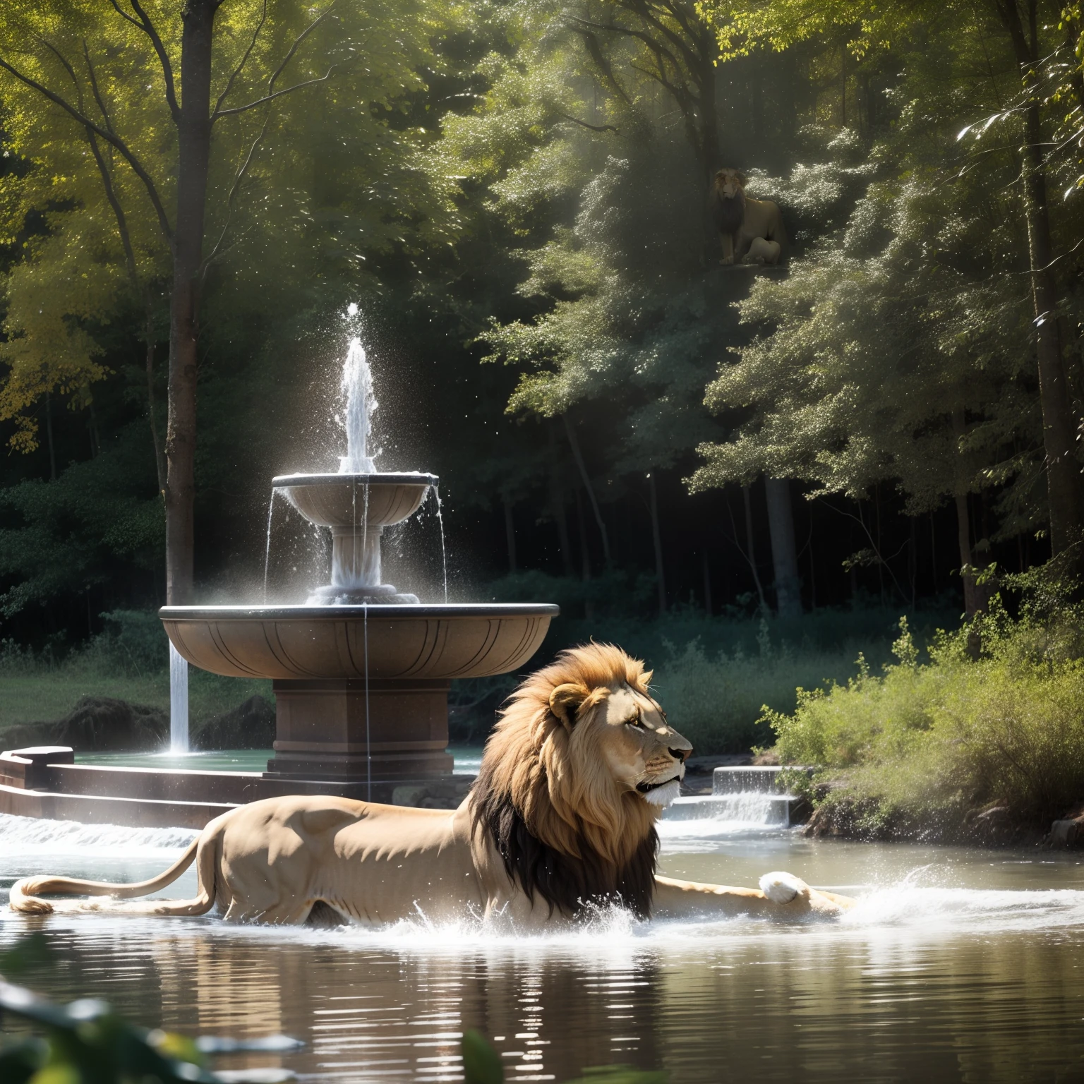 A mature lion splashed with water, seen from the back, lion is sitting ; background is forest vegetation, and a water fountain