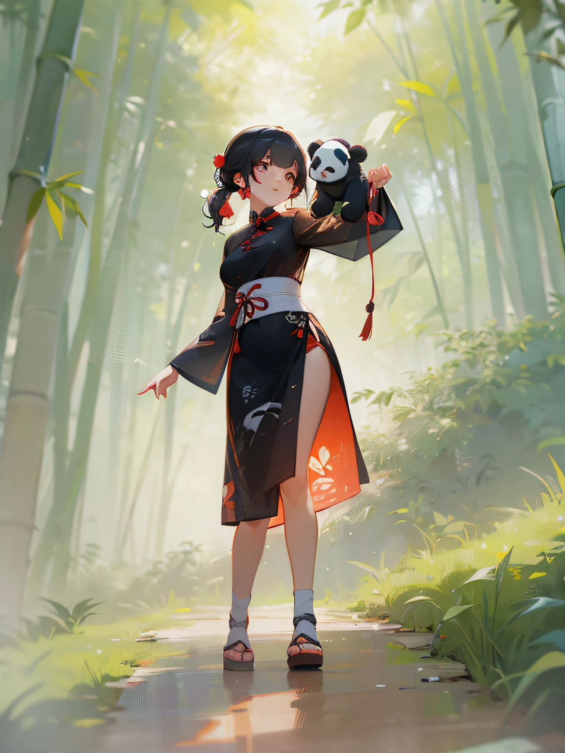 Cute cheongsam girl playing with a cute panda in one hand in the bamboo forest,The picture comes to life,Creative composition,Light sense,Screen transparency