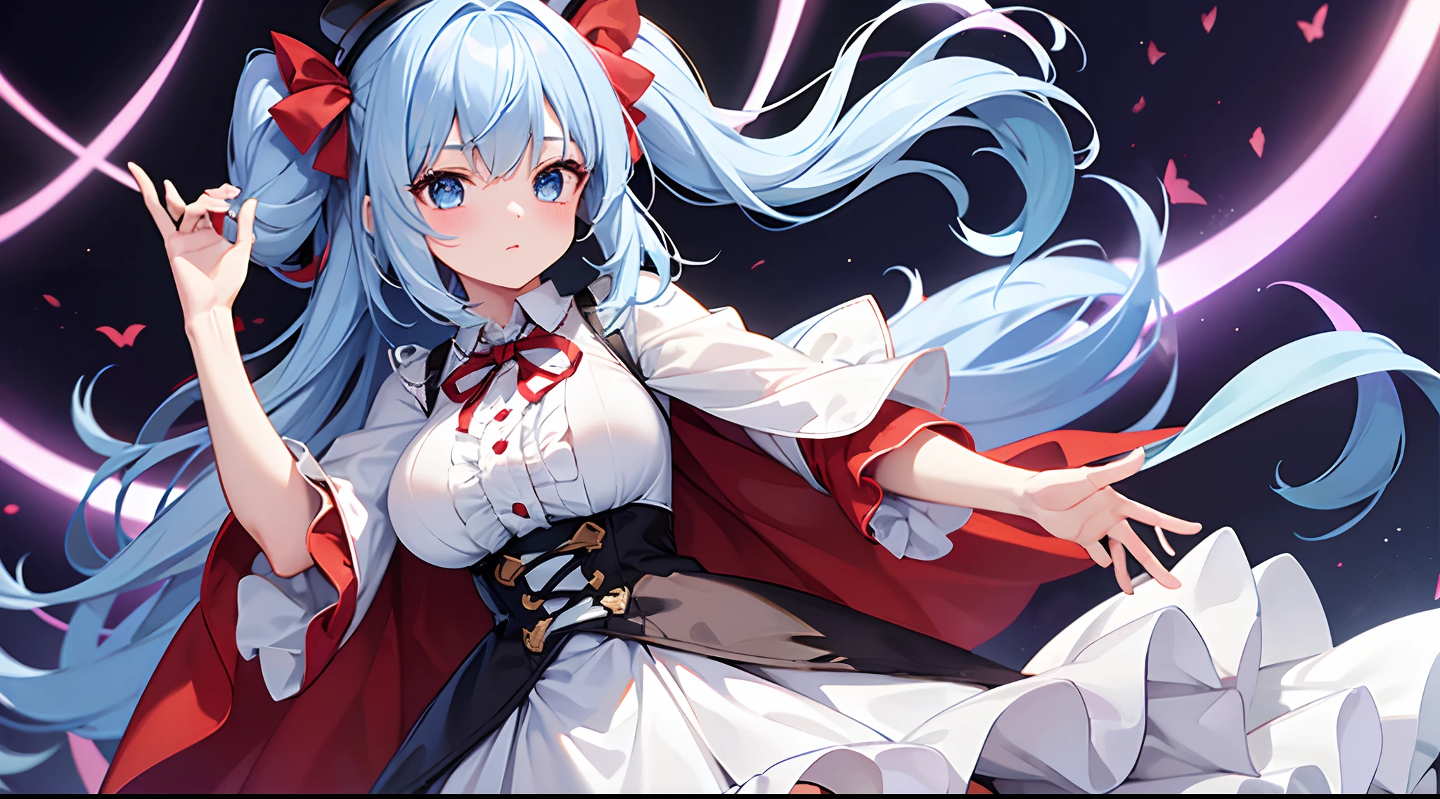 1 girl, game CG, frilled white shirt, short red skirt, cloak, top hat, neck ribbon, string hair ribbon, gigantic breasts, light blue hair, middle hair, two side up, blue eyes, Halloween background,