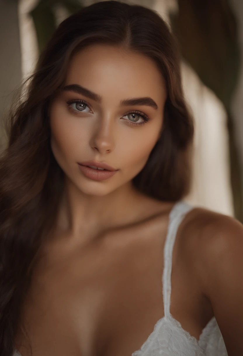 Arafed woman with bare breasts, Sexy girl with brown eyes, portrait sophie mudd, brown hair and large eyes, selfie of a young woman, Kammeraugen, violet myers, no makeup, natural makeup, looking straight at camera, face with artgram, dezentes Make-up, Excellent full-length photo, in a room, topless