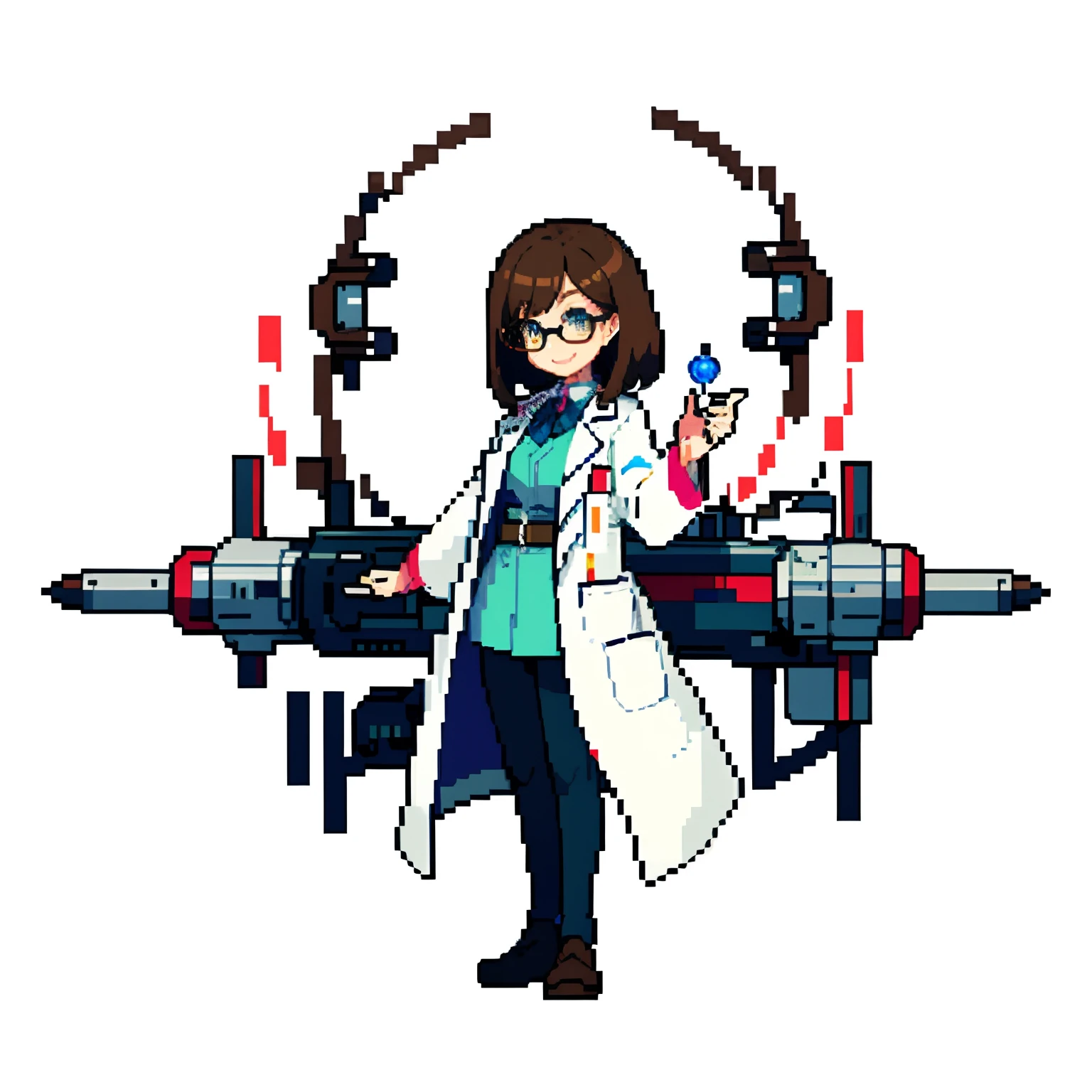 pixel, pixel art, 1girl, scientist. lab coat wearing glassesbrown hair,  brown hoodless jacket, body, smile,