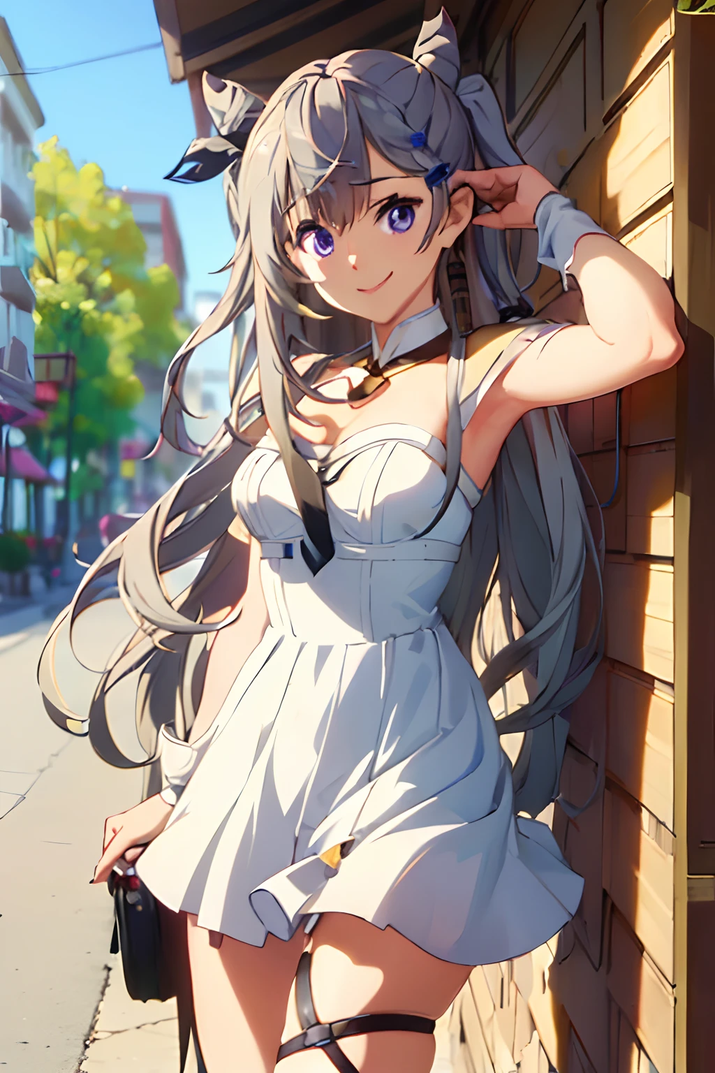 (masterpiece, best quality:1.2),2d, cowboy shot, solo, 1girl, vestia zeta, virtual youtuber, smile, looking at viewer, hair ribbon, hair ornament, white dress, single thighhigh, thigh strap, street background