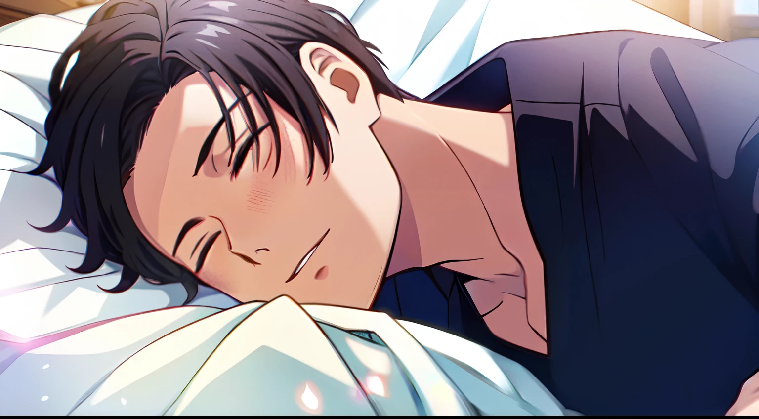 masterpiece, 1Man, luci\(obeyme\), sleeping, closed eyes, black hair, scenery, window, morning day, bed, shinkai makoto, kimi no nawa, from above, (sleeping with one baby boy with white hair)