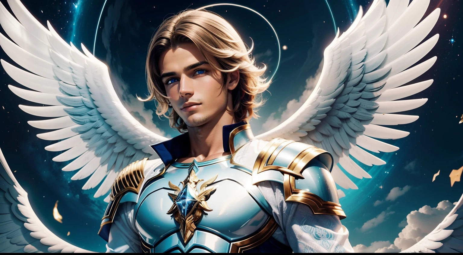 Descreva detalhadamente a figura de um  de uns 13 anos, Archangel with angelic features turned completely to the left. His face is very beautiful with blue eyes, cabelos encaracolados loiro, longo, as asas brancas e angelicais em suas costas, bem como sua beleza extremamente marcante, encanto, elegance and the angelic sensation that emanates from it. Imagine in a scenario with a white background (fundo branco), banhado por uma luz radiante (luz radiante), e explore como esses elementos se combinam para criar uma imagem cativante e celestial. (Homem)