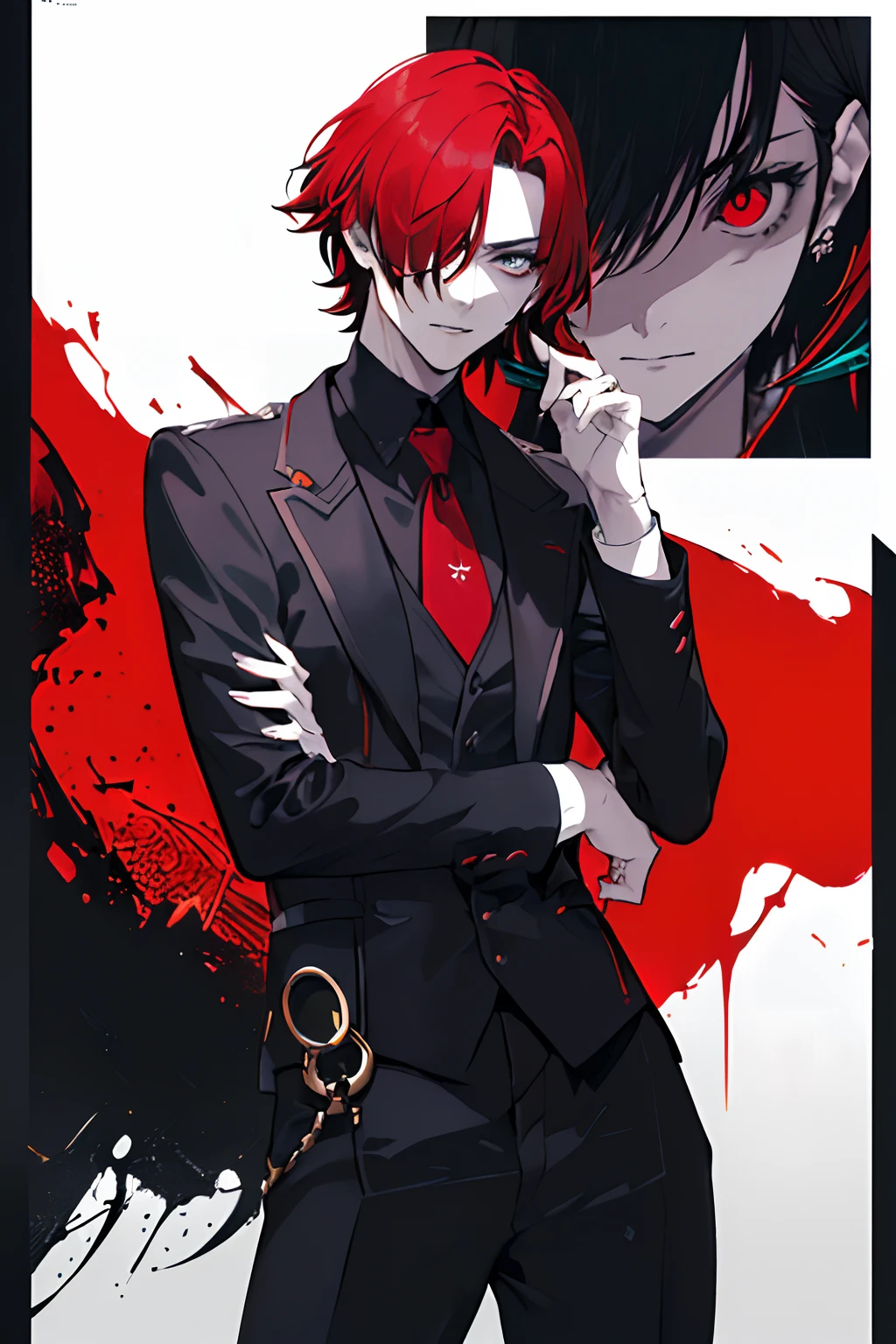 1boy, anime guy with short dark brown hair with a longer fringe on the right side of his face, Red eyes, wearing a black long dress shirt, a black and burgundy waistcoat, slim black trousers, black dress boots, and black gloves,