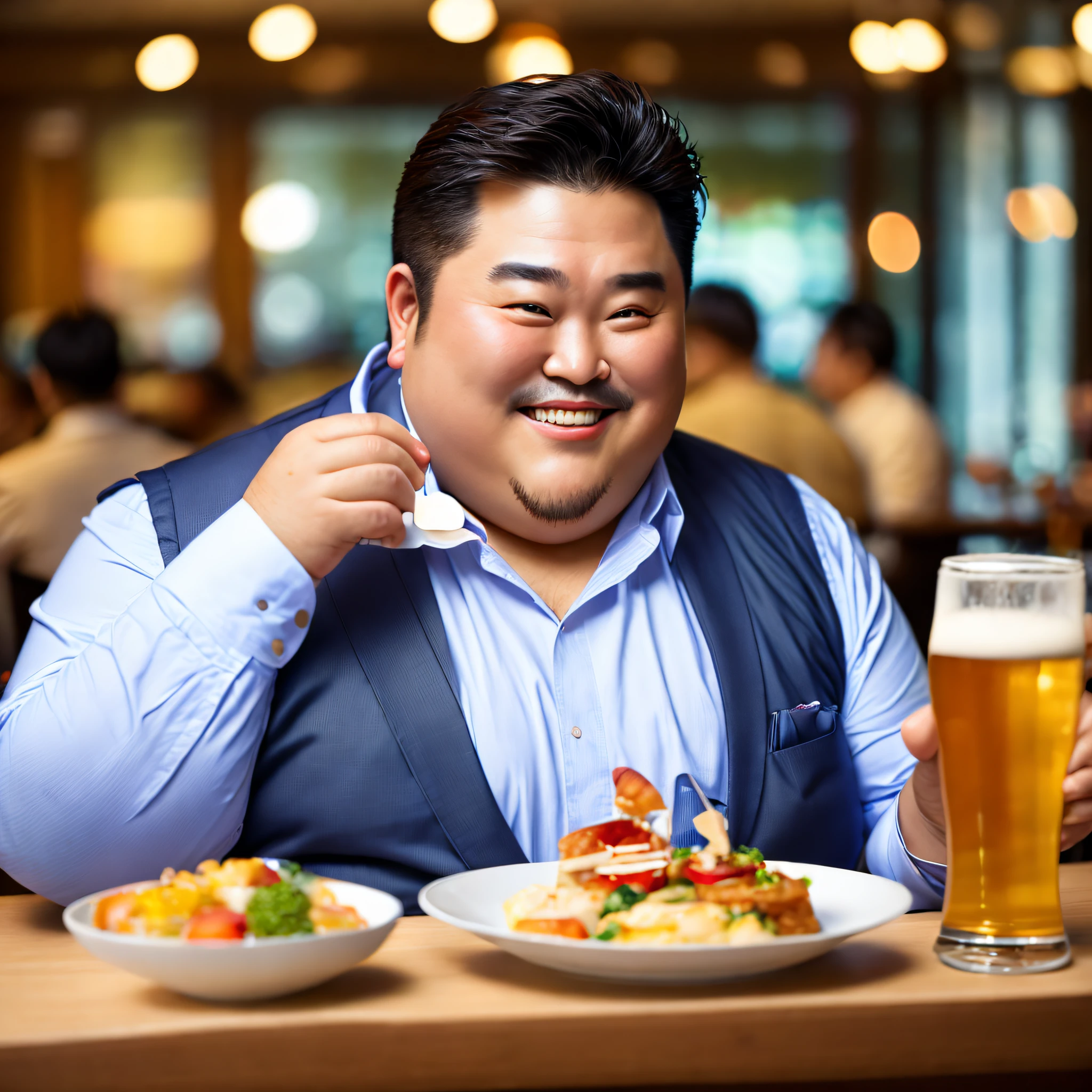 bokeh feeling、real man、man、Fat men、fat man、Japan men、japanease man、during a meal、eating dinner、a smile、smailing、big eyes、many foods、delicious foods、office worker、woker、suits,beer、cheers、drinking