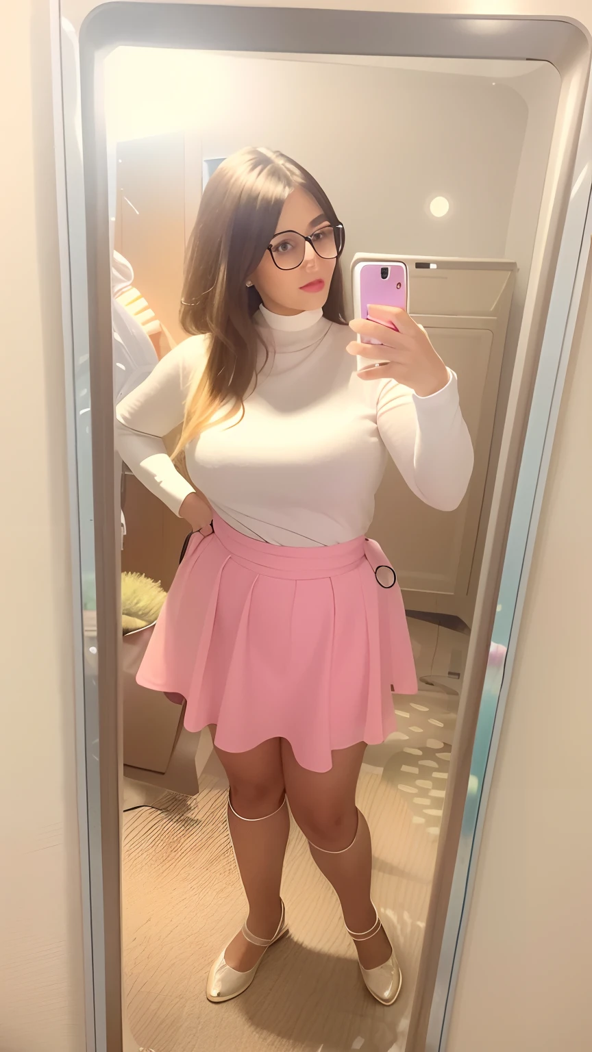 there is a woman taking a selfie in a mirror, velma, thicc, nude tits, glowing skirt