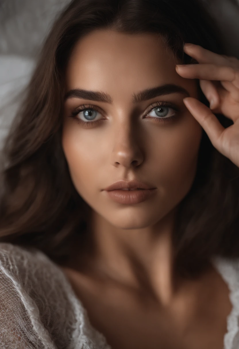 Arafed woman completely , fille sexy aux yeux bleus, ultra realist, Meticulously detailed, Portrait Sophie Mudd, cheveux noirs et grands yeux, selfie of a young woman, Yeux de chambre, Violet Myers, sans maquillage, maquillage naturel, mixed skin, looking straight at camera, Visage avec Artgram, Maquillage subtil, Great photo of the whole body kneeling on the bed, dans la chambre, Medium to large bust