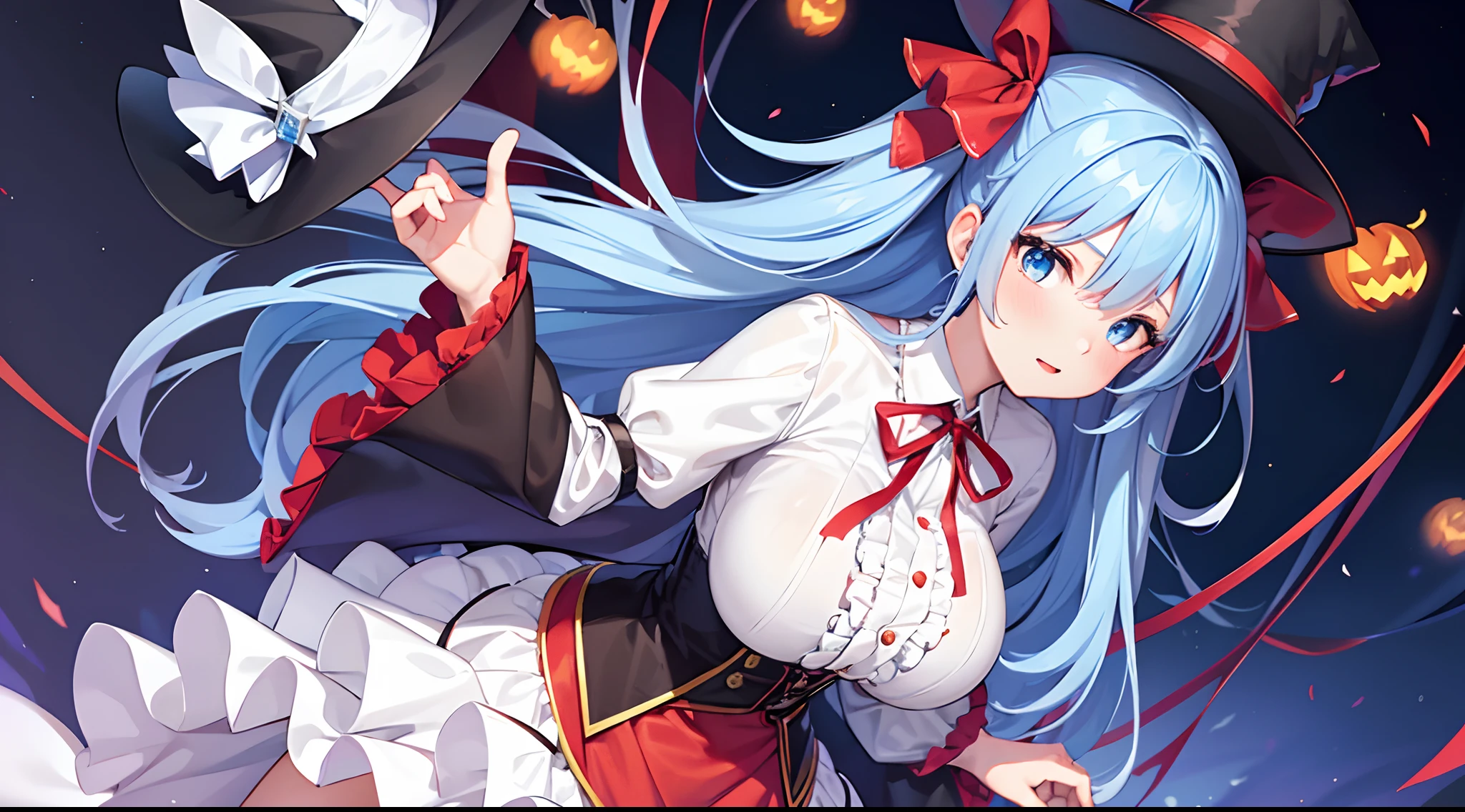 1 girl, game CG, frilled white shirt, short red skirt, cloak, top hat, neck ribbon, string hair ribbon, gigantic breasts, light blue hair, middle hair, two side up, blue eyes, Halloween background,
