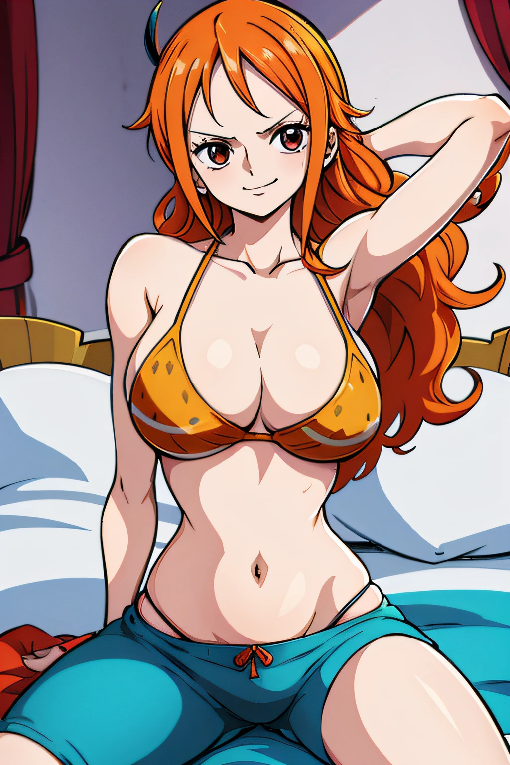 Generar una imagen realista de estilo anime de Nami de One Piece. Captura su apariencia distintiva con cabello naranja, and a cheerful expression. Make sure the picture reflects your adventurous and confident personality as shown in the anime.., cuerpo completo, Plano amplio , NSFW, Curvy athletic body, ojos naranjas, ojos naranjas, night, red bikini, house, bed