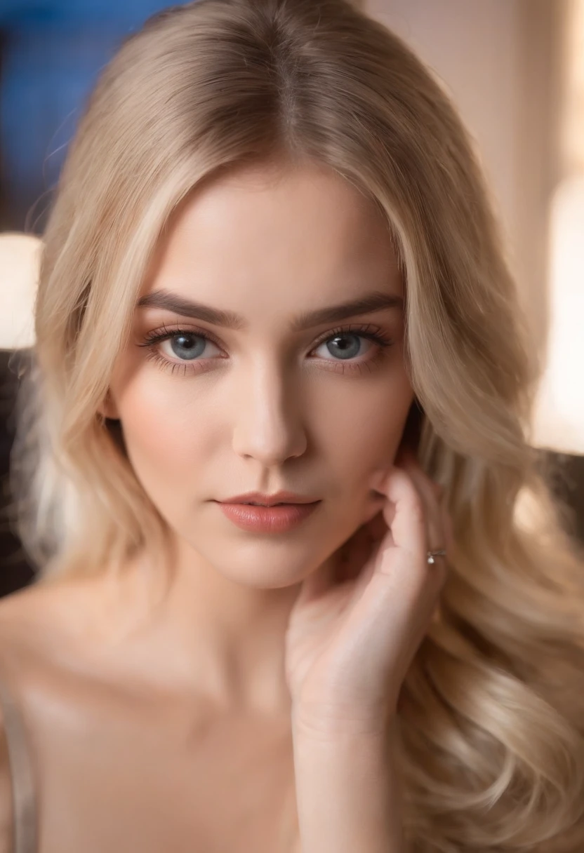 blonde woman with matching tee shirt and skirt posing in a nightclub, fille sexy aux yeux bleus, Portrait Sophie Mudd, blur background, Best quality, 1fille, Portrait de Corinna Kopf, cheveux blonds et grands yeux, selfie of a young woman, ohne Maquillage, maquillage naturel, Look directly into the camera, Visage avec Artgram, dezentes Maquillage, Superbe photo du corps entier, dans la chambre, gros seins, Blonde, Latin