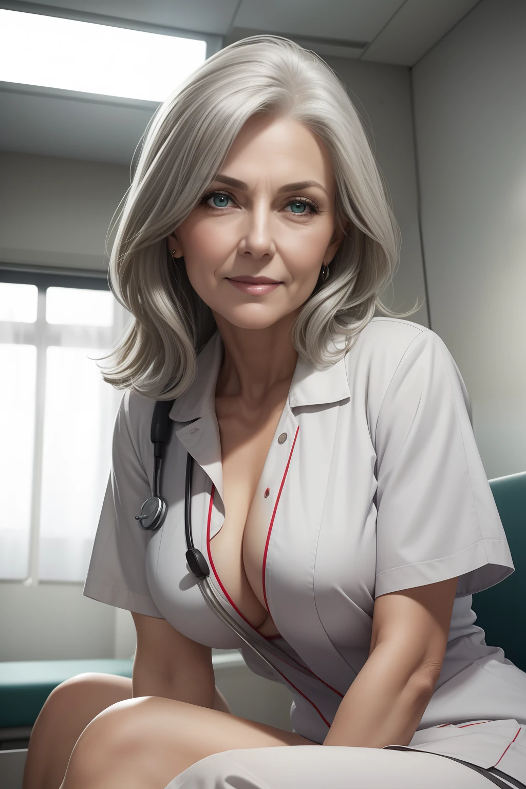 65-year-old woman with long gray hair, seductive gaze, green eyes, some wrinkles on her face,  8k, detailed background, utlra realistic, realism, exta realistic, wrinkles on body, hospital, white nurse suit, sitting on hospital bed, SFW, nurse clothes with high neckline, showing full body, full body, extra small titts, small breasts, looking at viewer from below, light smile, teeth indoors,soft lighting, extreme detail, hdr, short hair, hospital corridor, medical couch