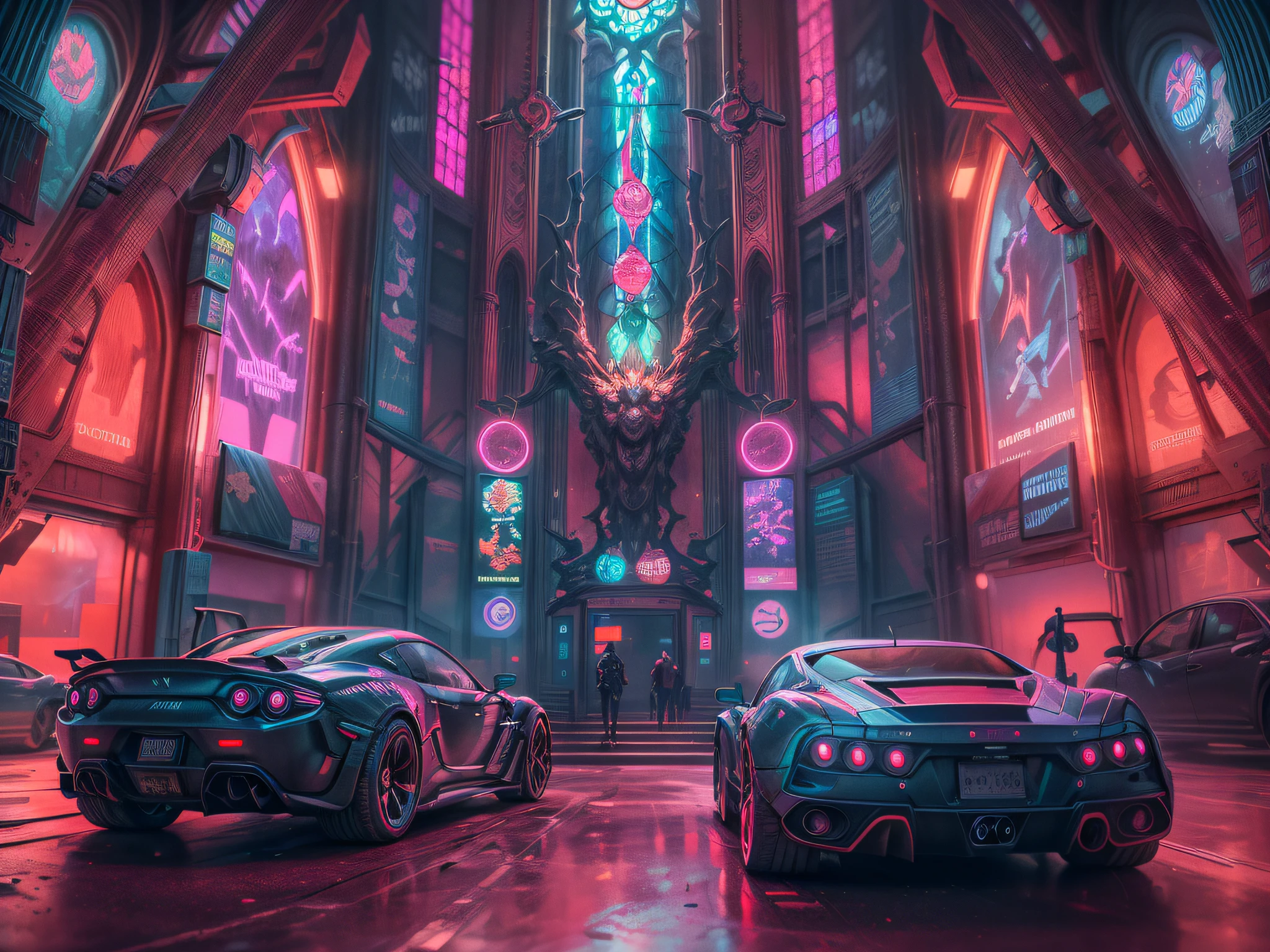 Best detailed, ultra detailed, cyberpunk art, a picture of a futuristic church in cyberpunk punk city, great cyberpunk art, bright neon lights, christian decorations in cyberpunk elementts, a sports car parked in the entrance of the church, the cross lit in pink light, stained glass art in neonic colors, cyberpunc futuristic city background, 16k, RAW, ultra wide shot, photorealism, depth of field, hyper realistic, 2.5d rendering,