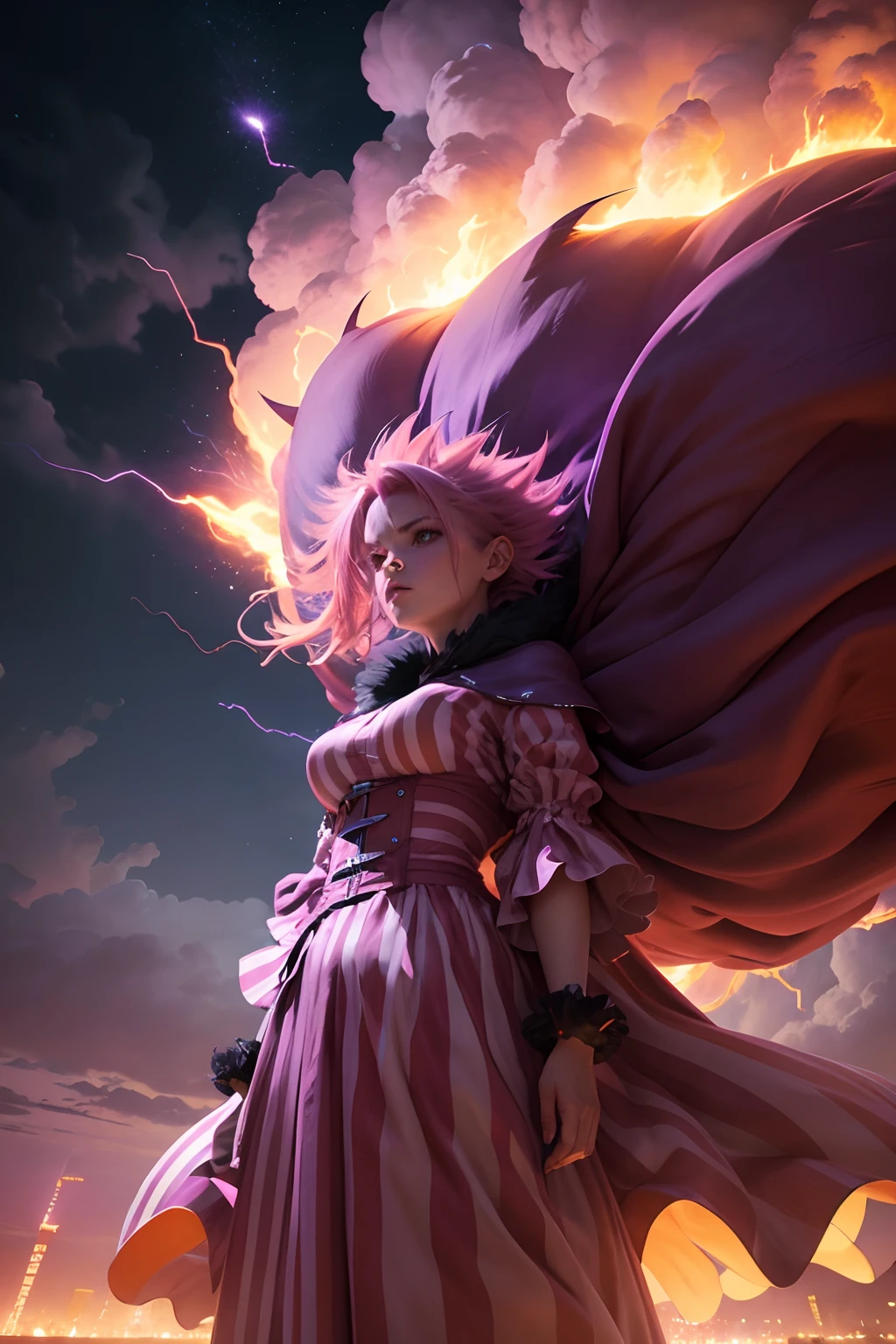 Powerful full-length purple monster, dressless, floating in the sky, with wild winds, glowing pink striped hair, surrounded by flames, looks at the camera with huge glowing orange magic sparks, towering above the clouds at night, Depth of field, A realistic photo, Reflections , glowing lights
