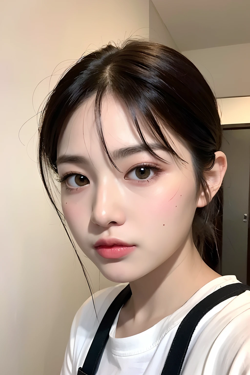 um close up de uma mulher com uma camisa branca e um celular, Rosto bonito das meninas japonesas, Asian face, lindo rosto delicado, young cute wan asian face, young adorable korean face, asian beautiful face, Mulher sul-coreana bonita, korean face features, beautiful aesthetic face, belo rosto delicado, menina coreana, Beautiful Asian girl, mulher coreana jovem bonita, japanese model