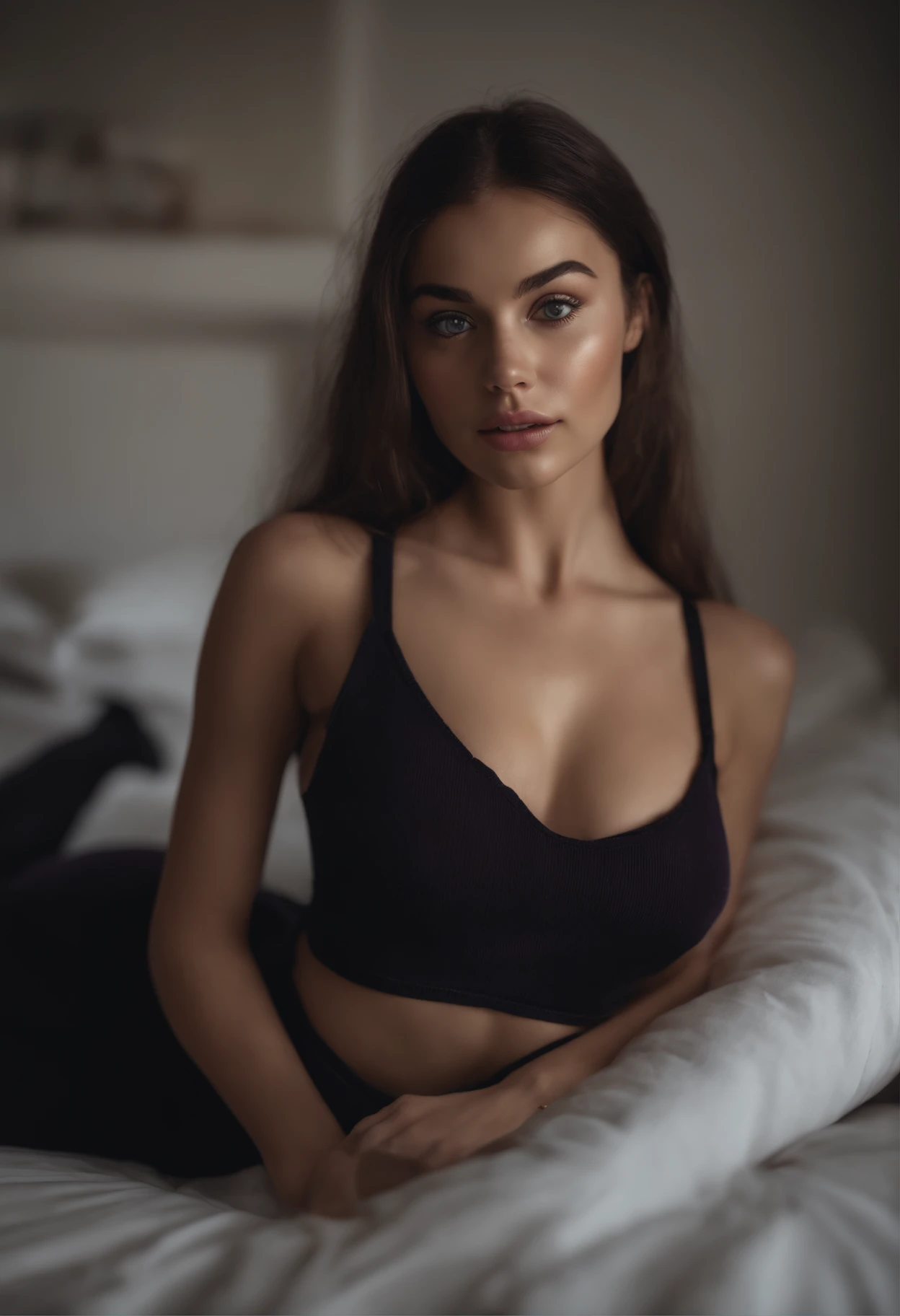 arafed woman with matching tank top and panties, sexy girl with brown eyes, portrait sophie mudd, brown hair and large eyes, selfie of a young woman, bedroom eyes, violet myers, without makeup, natural makeup, looking directly at the camera, face with artgram, subtle makeup, stunning full body shot, in bedroom, cleavage