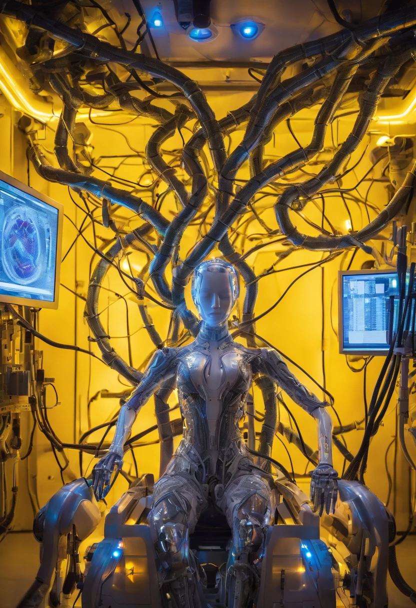 Hyper realistic photo, White female robot Goddess Gaia (((attached to a electronic tree of life))), (((Yellow neon highlights))), Electronic Systems On-Head Humanoids, Detailed Brain in Sight, Detailed connection wire, mechanical limbs, tubes connected to the mechanical parts, mechanical vertebrae attached to the spine, mechanical cervical attachment to the neck, wires and cables connecting to the head, (((Led on a surgical Bed))), (((Cables Connecting to Monitors))) | Biopunk | Cybernetics | Cyberpunk | Purple Neon | Canon M50| 100mm| Sharp Focus | Hyperrealism | Very detailed| Intricate Details | Full Body View, small glowing LED lamps, Bright Blue Highlights, global lighting, deep shadows, Octane Rendering, 8K, Ultra Sharp, Metal, Intricate Ornament Details, baroque details, Very intricate details, realistic light, CGSoation trend, facing the camera, neon details, (android manufactory in background)