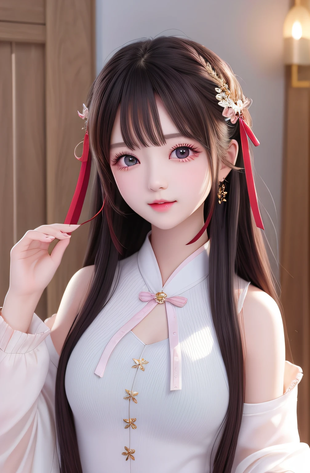 Best quality, super high resolution, realistic photo, a beautiful girl, 15 years old, cute and shy with twin ponytails, japanese miko, detailed face, (no makeup: 1.3), long black hair, white top, white Sleeves, red hakama, B bust, cleavage, cleavage looking at viewer, face closeup, (ulzzang-6500-v1.1:0.125), (beautiful_mistake-8500:0.125)