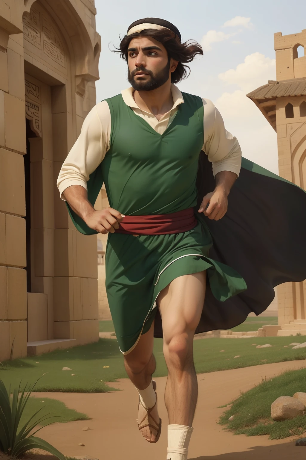 Year: 11th century. Location: Ispahan. Pre-raphaelite scene with a 29-year-old persian man, running in a race, ((athletic)), ((((11th century qamis)))) ((11th century hairstyle)), (((cinematic style)))