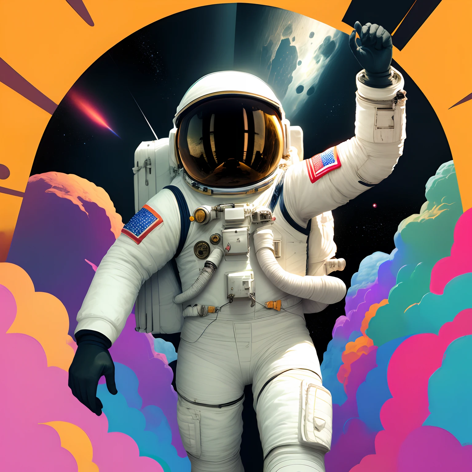 Create an inspirational image of an astronaut, entering mini- market on the moon , vibrant colors.