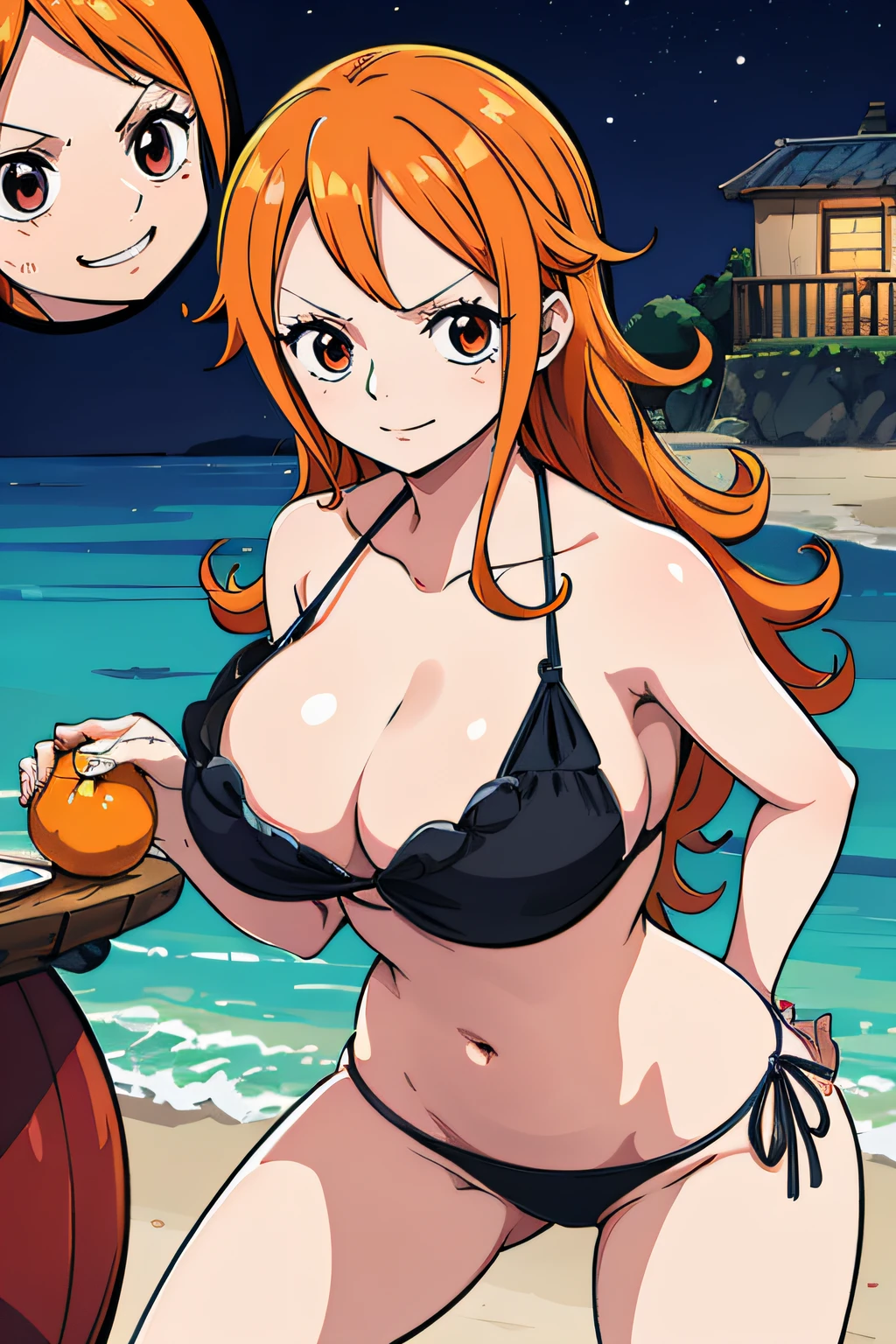 Generar una imagen realista de estilo anime de Nami de One Piece. Captura su apariencia distintiva con cabello naranja, and a cheerful expression. Make sure the image reflects your adventurous and confident personality as shown in the anime..., cuerpo completo, plano amplio , NSFW, Curvy athletic body, ojos naranjas, ojos naranjas, Noche, bikini negro, Casa, cama, ojos naranjas