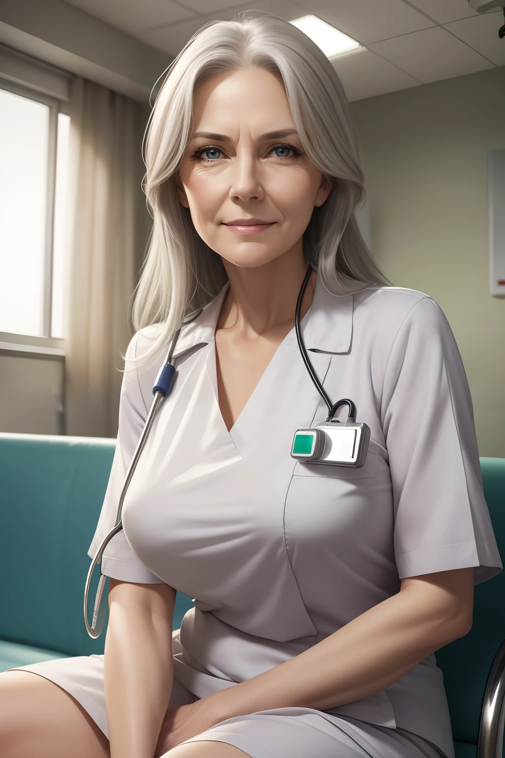 65-year-old woman with long gray hair, seductive gaze, green eyes, some wrinkles on her face,  8k, detailed background, utlra realistic, realism, exta realistic, wrinkles on body, hospital, white nurse suit, sitting on hospital bed, SFW, nurse clothes with high neckline, showing full body, full body, extra small titts, small breasts, looking at viewer from below, light smile, teeth indoors,soft lighting, extreme detail, hdr, short hair, hospital corridor, medical couch