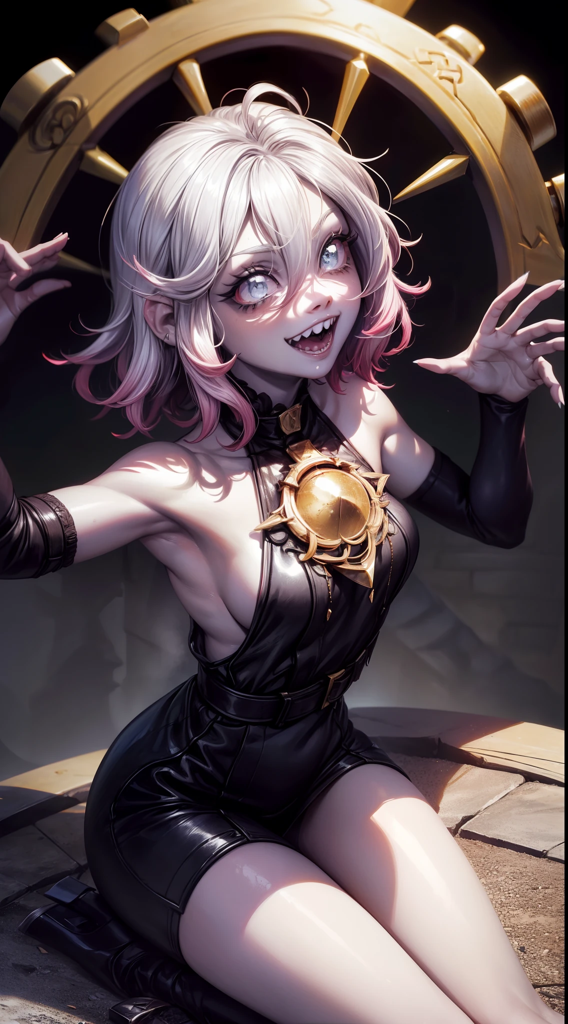(Obra maestra, La mejor calidad, Ultra detallado), 1girl, BriarLoL, piel gris, cana, pelo corto, (orejas puntiagudas, dientes afilados), Mirando al espectador, (Dynamic pose), sonriente