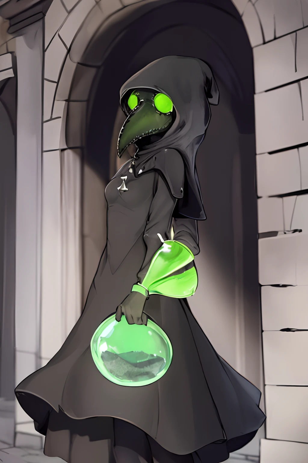 plague doctor, 1fille, seulement,Tenue vert, hand on side,forte poitrine,surprise,potion a la main