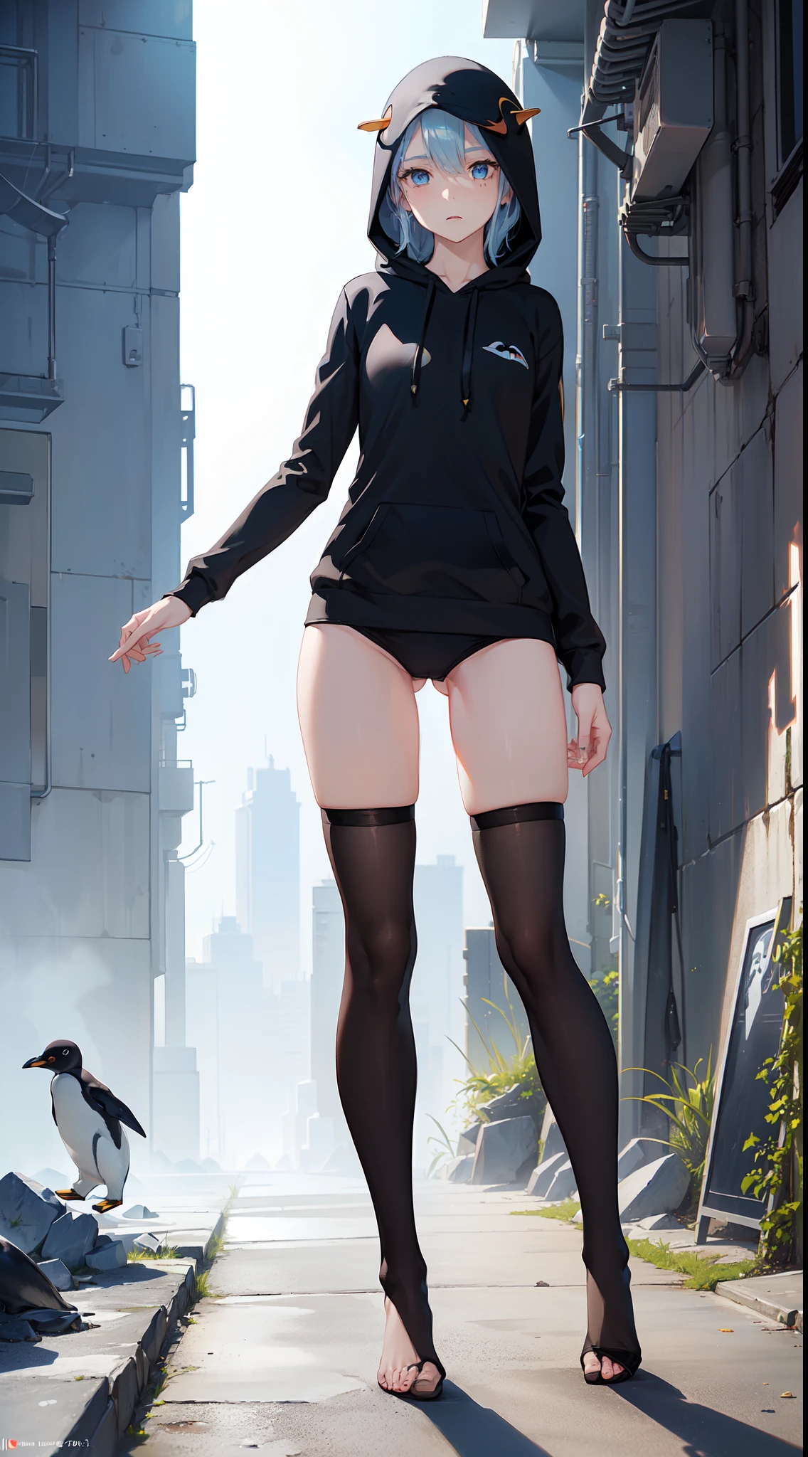 (full body:1.3),dynamic pose,1girl, pale skin,delicate face,blue eyes:1.3,freckles,(black penguin hoodie:1.3,small panty:1.3,thigh highs:1.3),(mecha arms and legs:1.3),(thigh gap:1.3,legs:1.3,one hip up,barefoot),white background,(best quality:1.2,ultra-detailed,realistic:1.37),soft colors,polished lighting