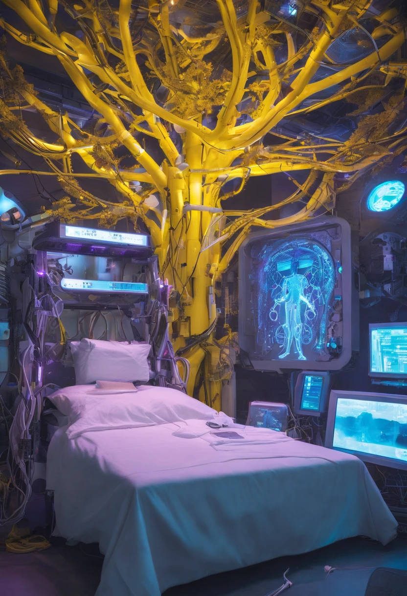 Hyper realistic photo, White female robot Goddess Gaia (((attached to a electronic tree of life))), (((Yellow neon highlights))), Electronic Systems On-Head Humanoids, Detailed Brain in Sight, Detailed connection wire, mechanical limbs, tubes connected to the mechanical parts, mechanical vertebrae attached to the spine, mechanical cervical attachment to the neck, wires and cables connecting to the head, (((Led on a surgical Bed))), (((Cables Connecting to Monitors))) | Biopunk | Cybernetics | Cyberpunk | Purple Neon | Canon M50| 100mm| Sharp Focus | Hyperrealism | Very detailed| Intricate Details | Full Body View, small glowing LED lamps, Bright Blue Highlights, global lighting, deep shadows, Octane Rendering, 8K, Ultra Sharp, Metal, Intricate Ornament Details, baroque details, Very intricate details, realistic light, CGSoation trend, facing the camera, neon details, (android manufactory in background)