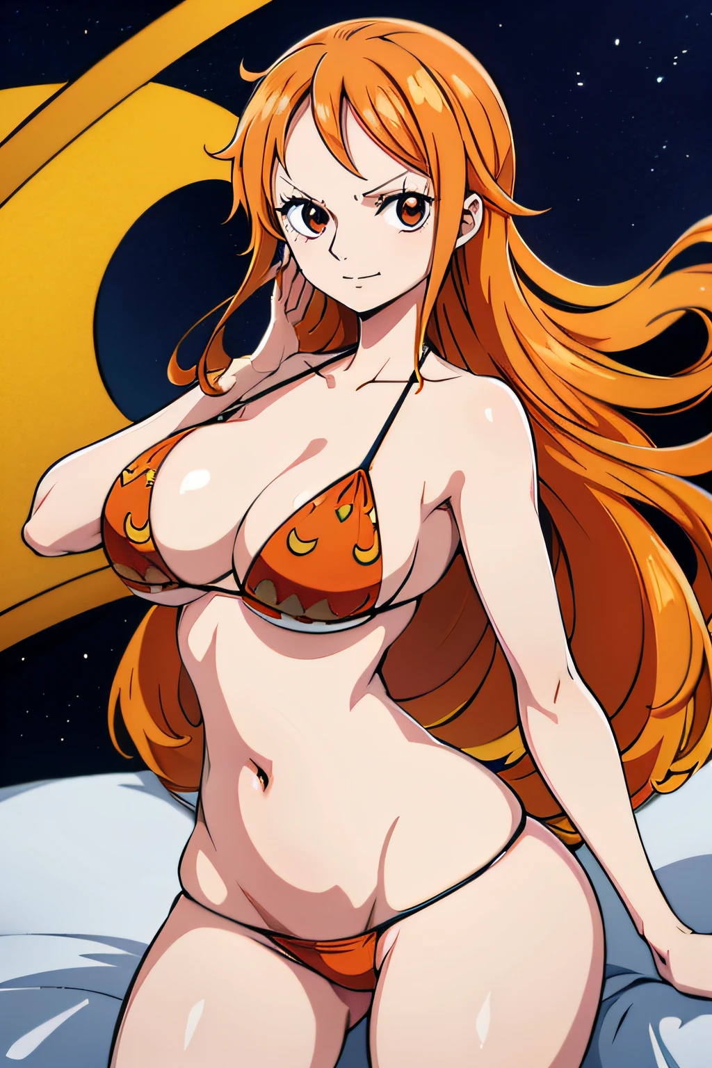 Generar una imagen realista de estilo anime de Nami de One Piece. Captura su apariencia distintiva con cabello naranja, and a cheerful expression. Make sure the picture reflects your adventurous and confident personality as shown in the anime.., cuerpo completo, Plano amplio , NSFW, Curvy athletic body, ojos naranjas, ojos naranjas, night, red bikini, house, bed, orange eyes