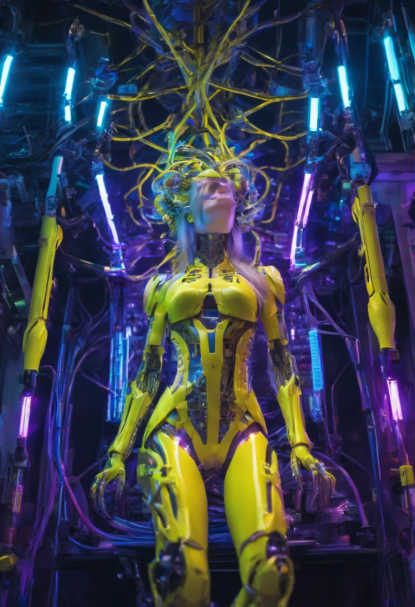 Hyper realistic photo, White female robot Goddess Gaia (((attached to a electronic tree of life))), (((Yellow neon highlights))), Electronic Systems On-Head Humanoids, Detailed Brain in Sight, Detailed connection wire, mechanical limbs, tubes connected to the mechanical parts, mechanical vertebrae attached to the spine, mechanical cervical attachment to the neck, wires and cables connecting to the head, (((Led on a surgical Bed))), (((Cables Connecting to Monitors))) | Biopunk | Cybernetics | Cyberpunk | Purple Neon | Canon M50| 100mm| Sharp Focus | Hyperrealism | Very detailed| Intricate Details | Full Body View, small glowing LED lamps, Bright Blue Highlights, global lighting, deep shadows, Octane Rendering, 8K, Ultra Sharp, Metal, Intricate Ornament Details, baroque details, Very intricate details, realistic light, CGSoation trend, facing the camera, neon details, (android manufactory in background)