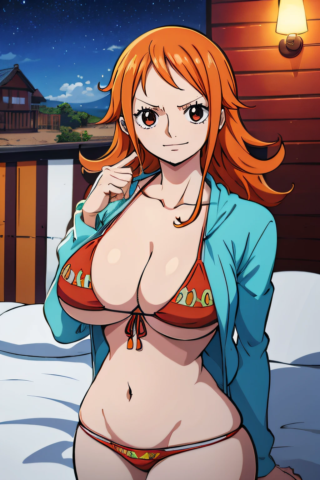 Generar una imagen realista de estilo anime de Nami de One Piece. Captura su apariencia distintiva con cabello naranja, and a cheerful expression. Make sure the picture reflects your adventurous and confident personality as shown in the anime.., cuerpo completo, Plano amplio , NSFW, Curvy athletic body, ojos naranjas, ojos naranjas, night, red bikini, house, bed, orange eyes