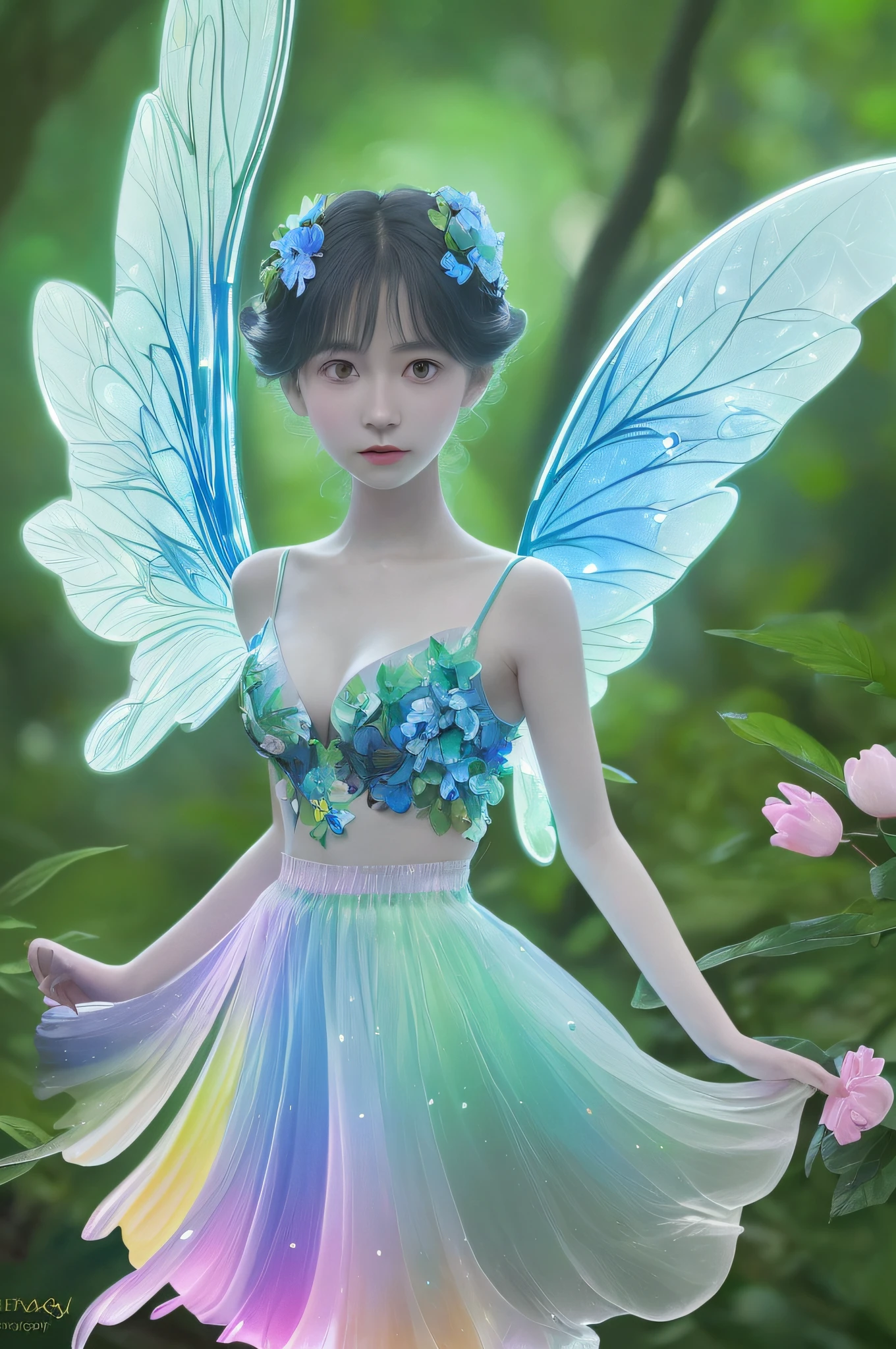 Gradient Eyes, the woods,Night Moon,Mini cute 3 year old flower fairy, A slender、Ring,Skirt made of petals,Huge flowers,Colorful colorful,Transparent and colorful wings, magic wands,closeup cleavage,Optical attenuation,glow effect,depth of fields,Highlight,Real Light,Ray traching,OC rendering,Hyper-realistic,best qualtiy,8K,Works of masters,super-fine,Detailed pubic hair,Correct anatomy,sharp focus on eyes,Bokeh,Facial features are carefully drawn,in style of hayao miyazaki,Miyazaki Animation Style