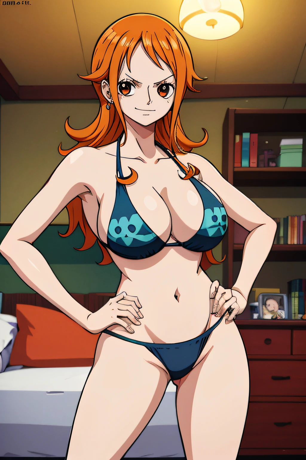 Generar una imagen realista de estilo anime de Nami de One Piece. Captura su apariencia distintiva con cabello naranja, and a cheerful expression. Make sure the image reflects your adventurous and confident personality as shown in the anime..., cuerpo completo, plano amplio , NSFW, Curvy athletic body, ojos naranjas, ojos naranjas, Noche, Bikini rojo, Casa, cama, ojos naranjas