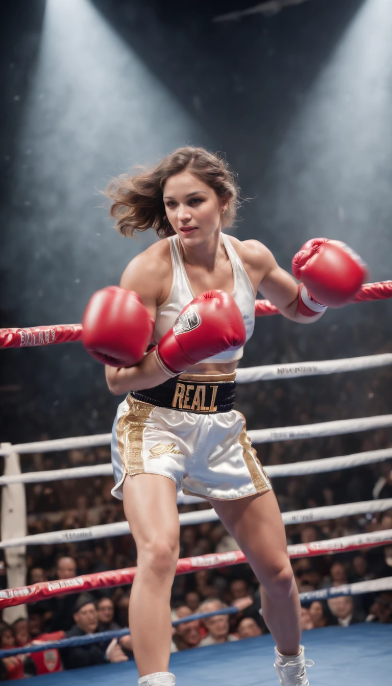 best quality, Very complex CG Unity 8K wallpapers, boxer, (real light:2), cinematic scene, High resolution, high-detail, very realistic, 1girl in, (boxing gloves), inside boxing ring, coliseum, floral, shining_head_hair、(((short_head))), long wavy Hair Hair, FULL SHOT, perfectly toned muscles, throwing hard punch, side view, attack position, highly focused, smiling ((Boxing ring)), Bright atmosphere, Spotlight, detailed background
