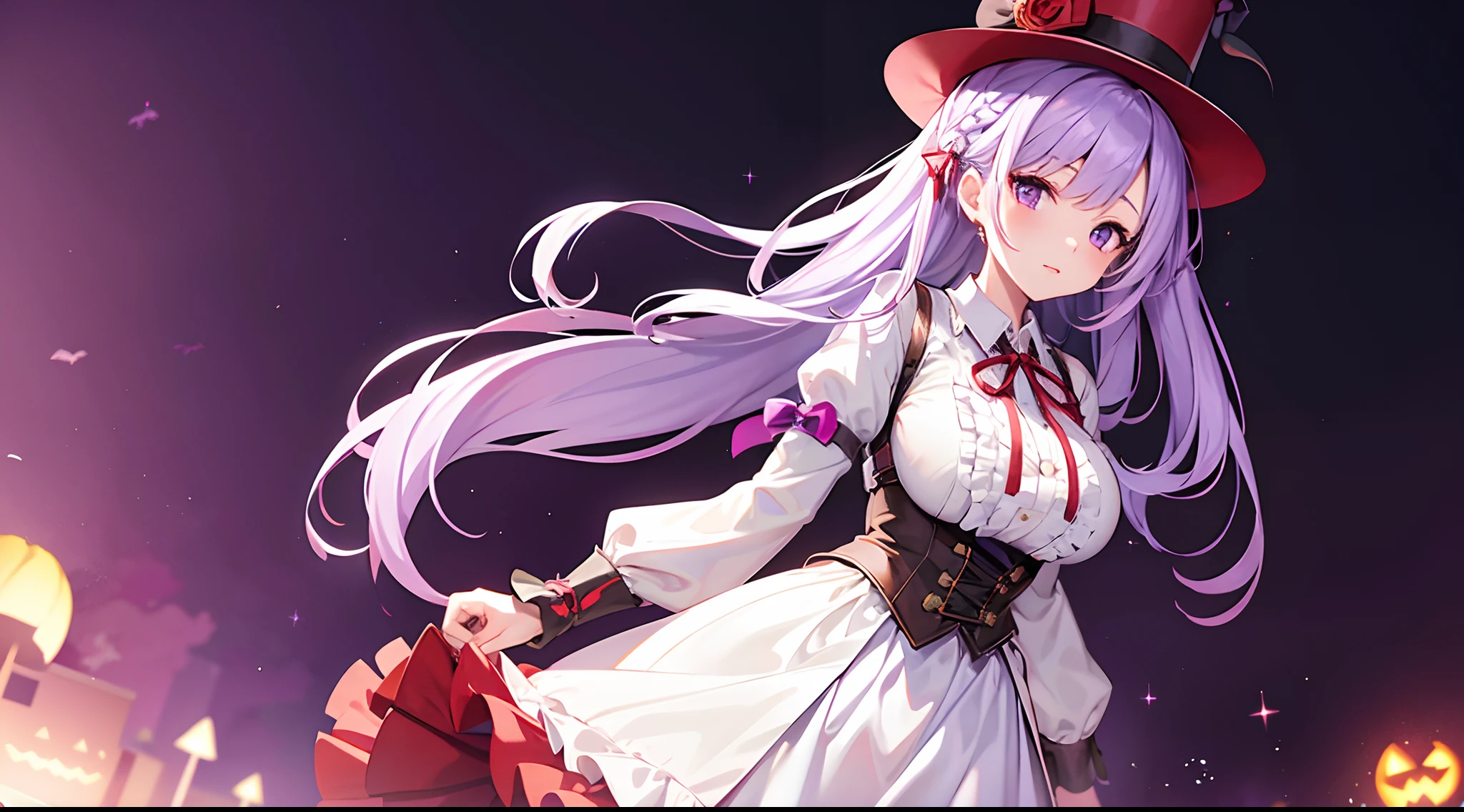 1 girl, game CG, frilled white shirt, short red skirt, cloak, top hat, neck ribbon, hair ribbon, gigantic breasts, light purple hair, long hair, french braid, purple eyes, Halloween background,