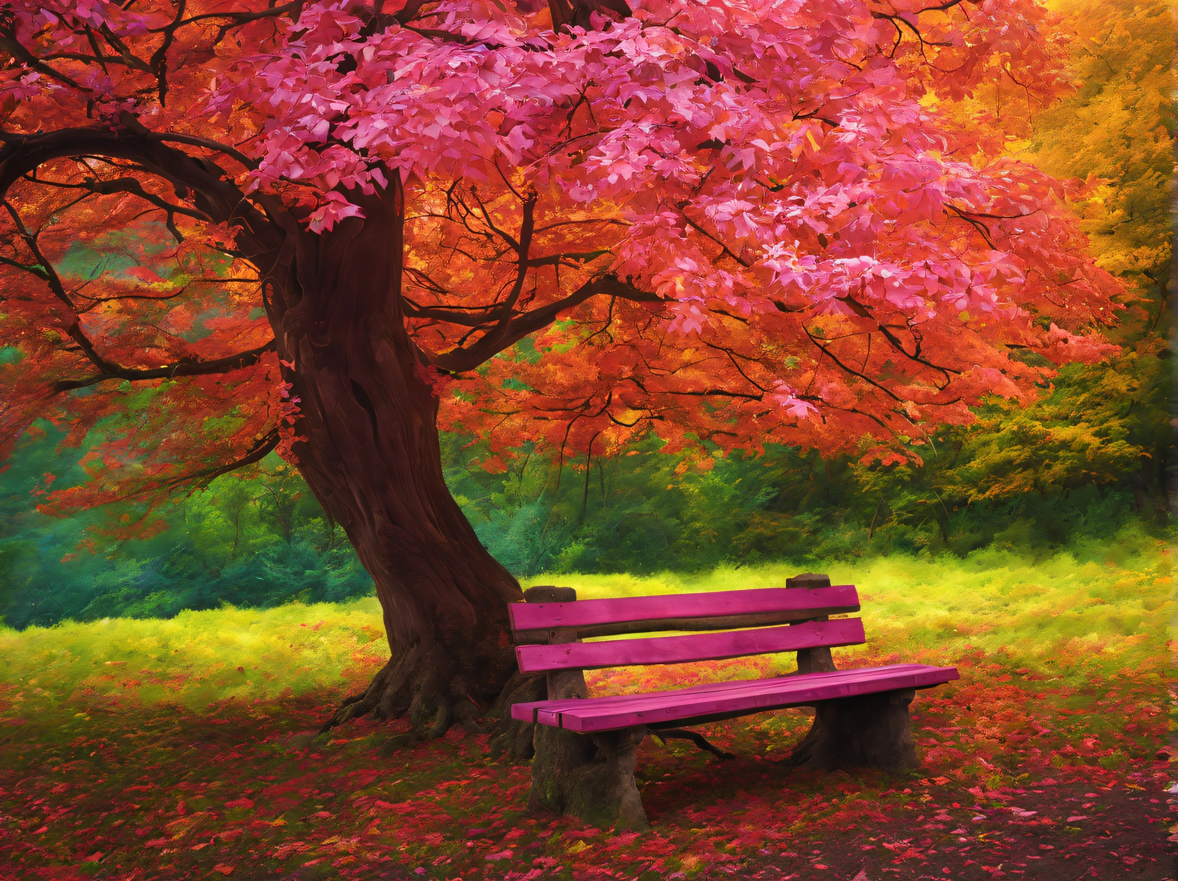 a close up of a tree in a forest with a bench, Mystical Colors, Dreamy Colors, Pink Forest, Forest colors, Magical colors and atmosphere, Magical colors and atmosphere, in the cream color, pink and green forest, Beautiful Nature, beautiful trees of breathtaking, beautiful misty wood, Breathtaking - Taking beautiful trees, soft autumn sunlight, magical forest all around, beautiful trees, beautiful autumn spirit