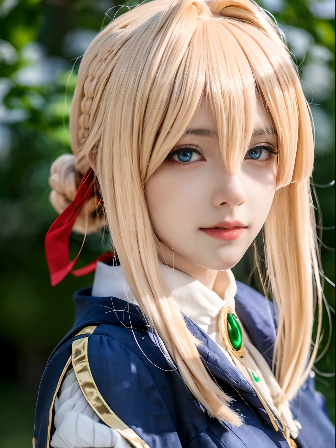 violet_evergarden, blue_eyes, best quality, ultra high res, (photorealistic1.4), 1girl, (blonde long hair:1.3), expressionless, long dress, hair braid, red ribbon, green gem neklace, ((puffy eyes)), ((upper body)), (((looking at viewer))), ((closeup)),