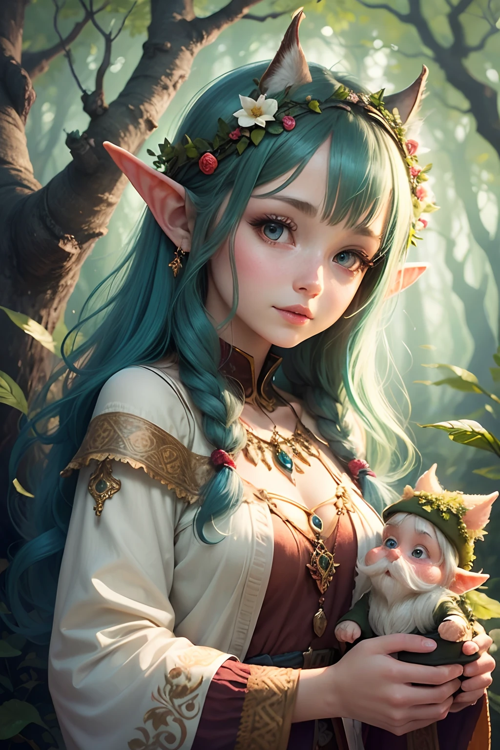 Emma, Cheerful Forest Creatures, Enchanted Forest, Illustration, Detailed, Vibrant Colors, Soft Lighting, Elves, Gnomes, Woodland Fairies, Astonishing Details, Magical Atmosphere, Nature-Inspired, Captivating Poses, Whimsical Clothing, Dreamlike Background, Mystical Mood