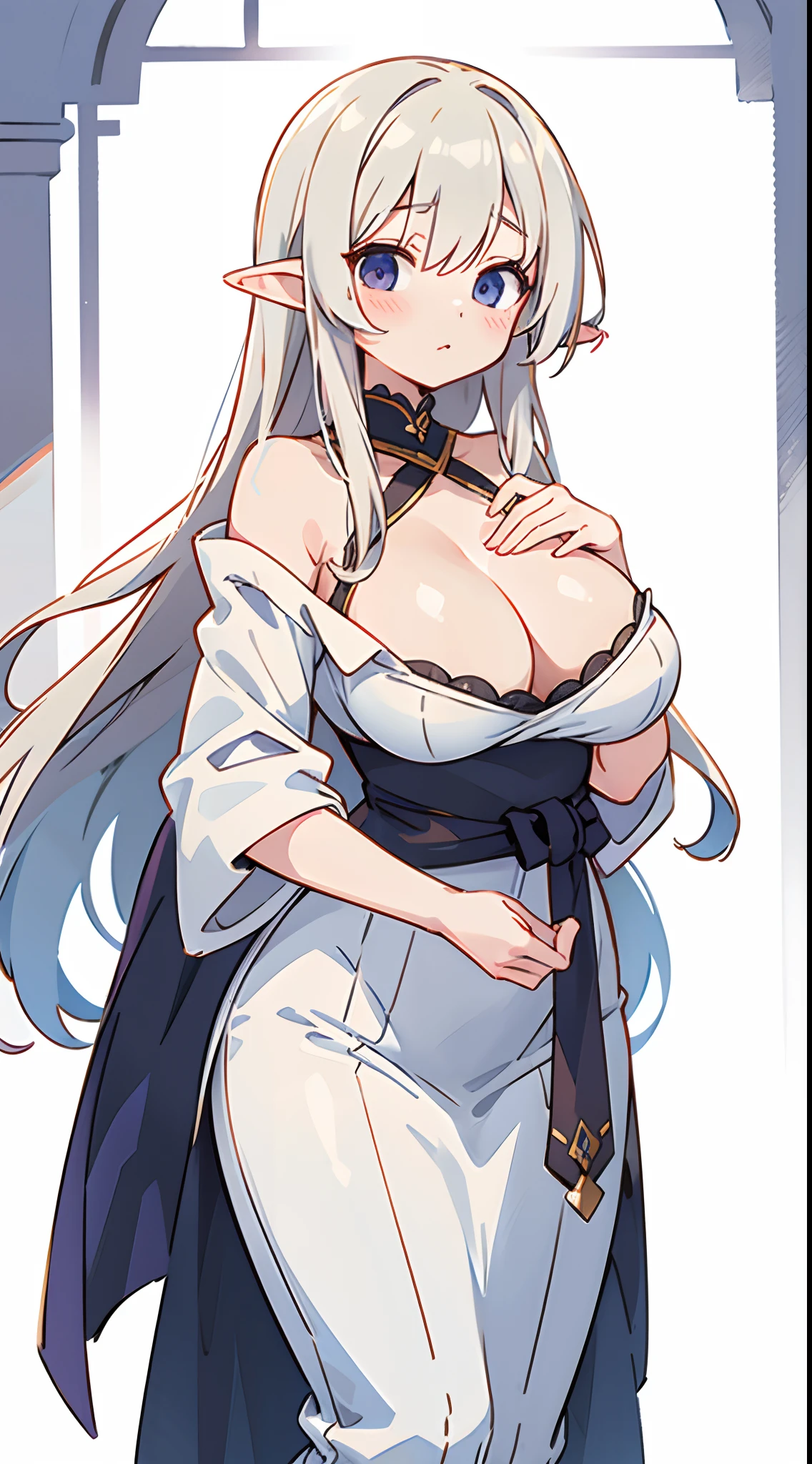 number art、Dark Elves、white  shirt，Yuruchara style、Large breasts，Off-the-shoulder attire，nabel，Big breasts Thin waist，cleavage