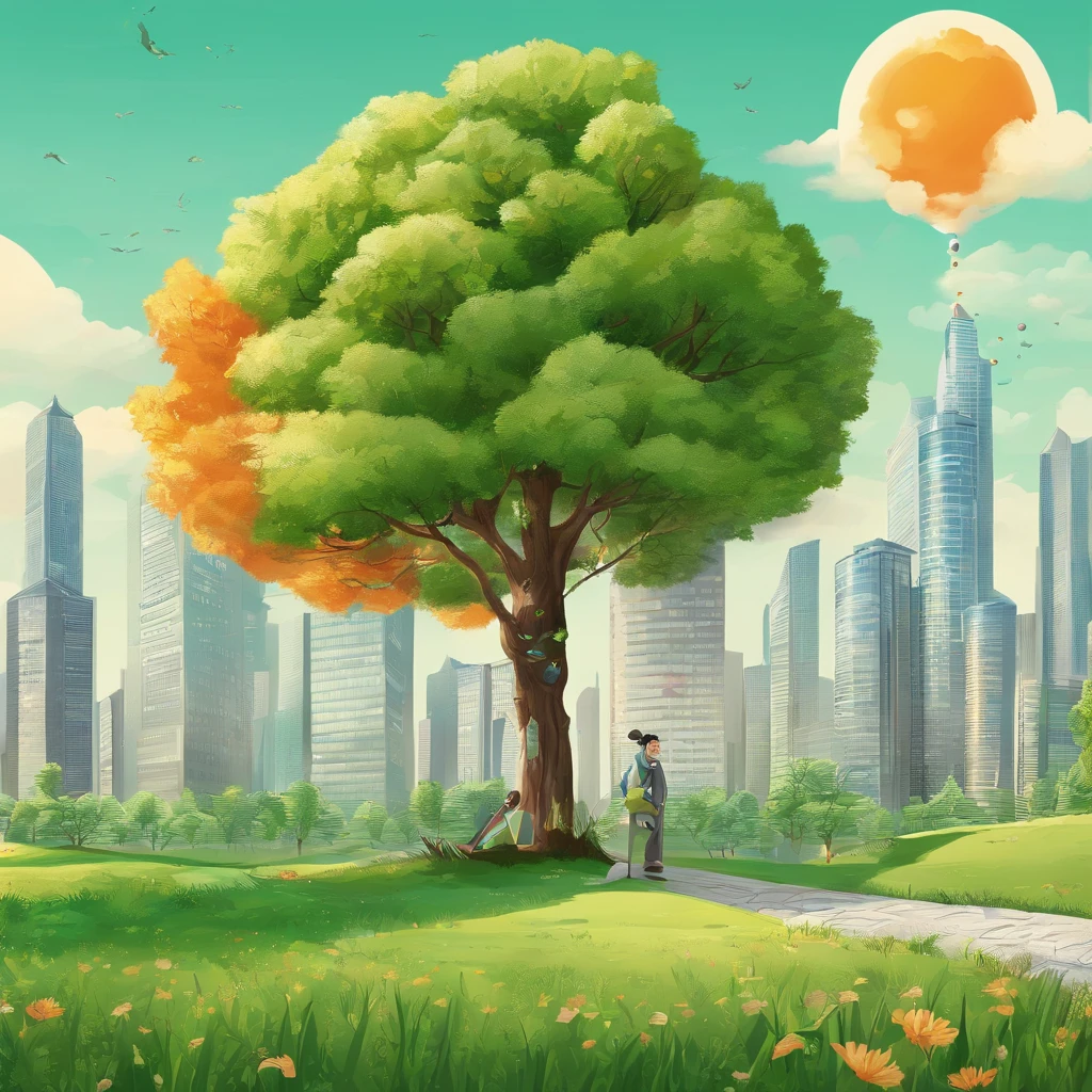 Sunny morning,green meadows,In the distance is the backdrop of high-rise buildings。A large tree grows in the meadow towards the sky,The branches were hung with orange bulbs,There are sparks flickering inside each bulb。Under the trees,Several business executives are presenting their innovative projects,Communicate with the onlooker audience。