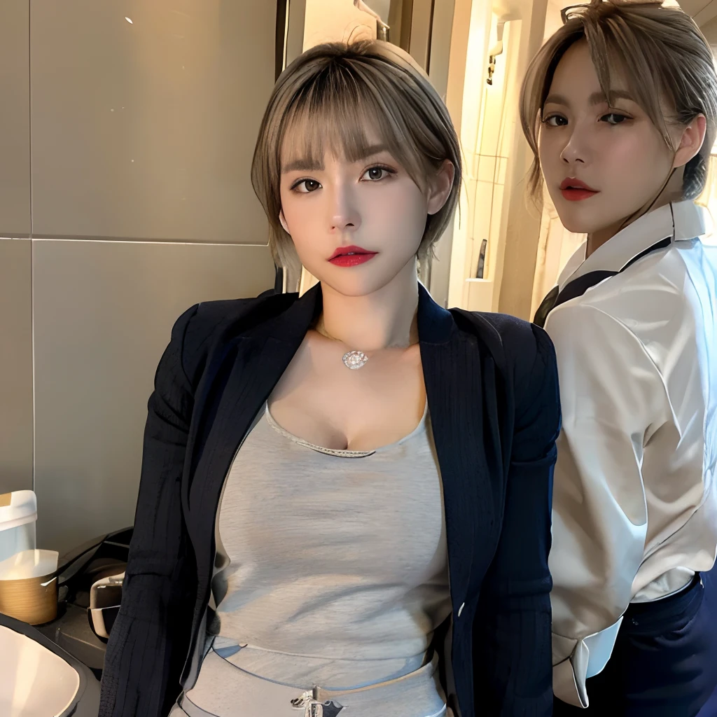 Woman in jacket and short tight skirt　Slouch and stick your buttocks out　full bodyesbian　buttocks are turned　realisitic　A sexy　midium breasts　short-hair　Photoreal Stick