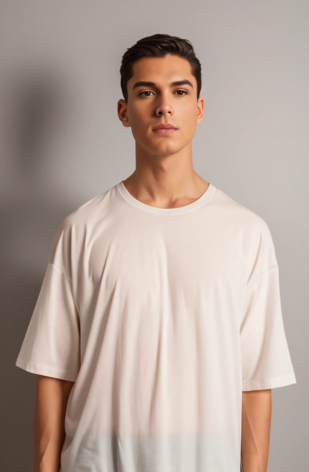 (8k, RAW photo, best quality, masterpiece:1.2), (realistic, photo-realistic:1.37), professional lighting, photon mapping, radiosity, physically-based rendering, real looking skin, very detailed skin, healthy skin, ultra realistic photo, perfect male anatomy, perfect shoulders, proportionate shoulders, proportional neck, perfect neck, perfect style, style work, fashion photography, stylist work, thick t-shirt fabric, 20/1 fabric, high weight fabric, does not show through