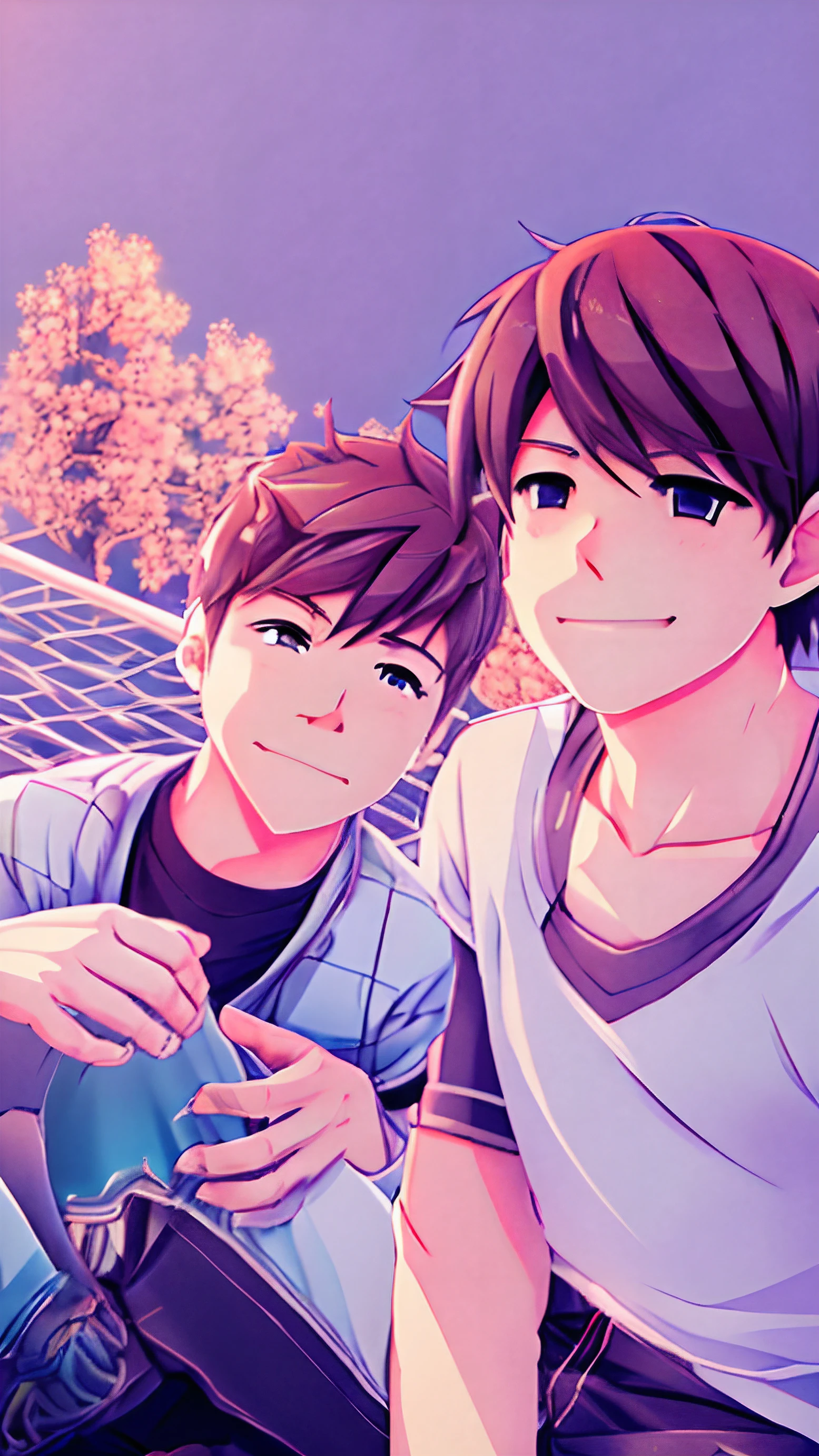 Create into anime a boy is sitting side by a boy cute boys handsome romantic 8k simple smile face supper realistic