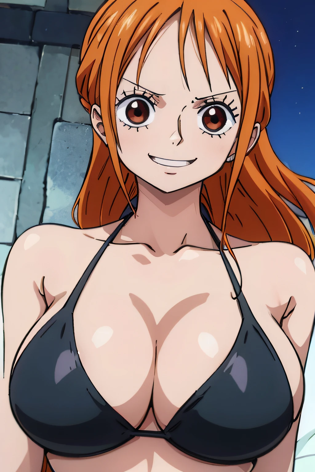 Generar una imagen realista de estilo anime de Nami de One Piece. Captura su apariencia distintiva con cabello naranja, and a cheerful expression. Make sure the image reflects your adventurous and confident personality as shown in the anime..., cuerpo completo, plano amplio , NSFW, Curvy athletic body, ojos naranjas, ojos naranjas, Noche, bikini negro, Casa, cama, ojos naranjas