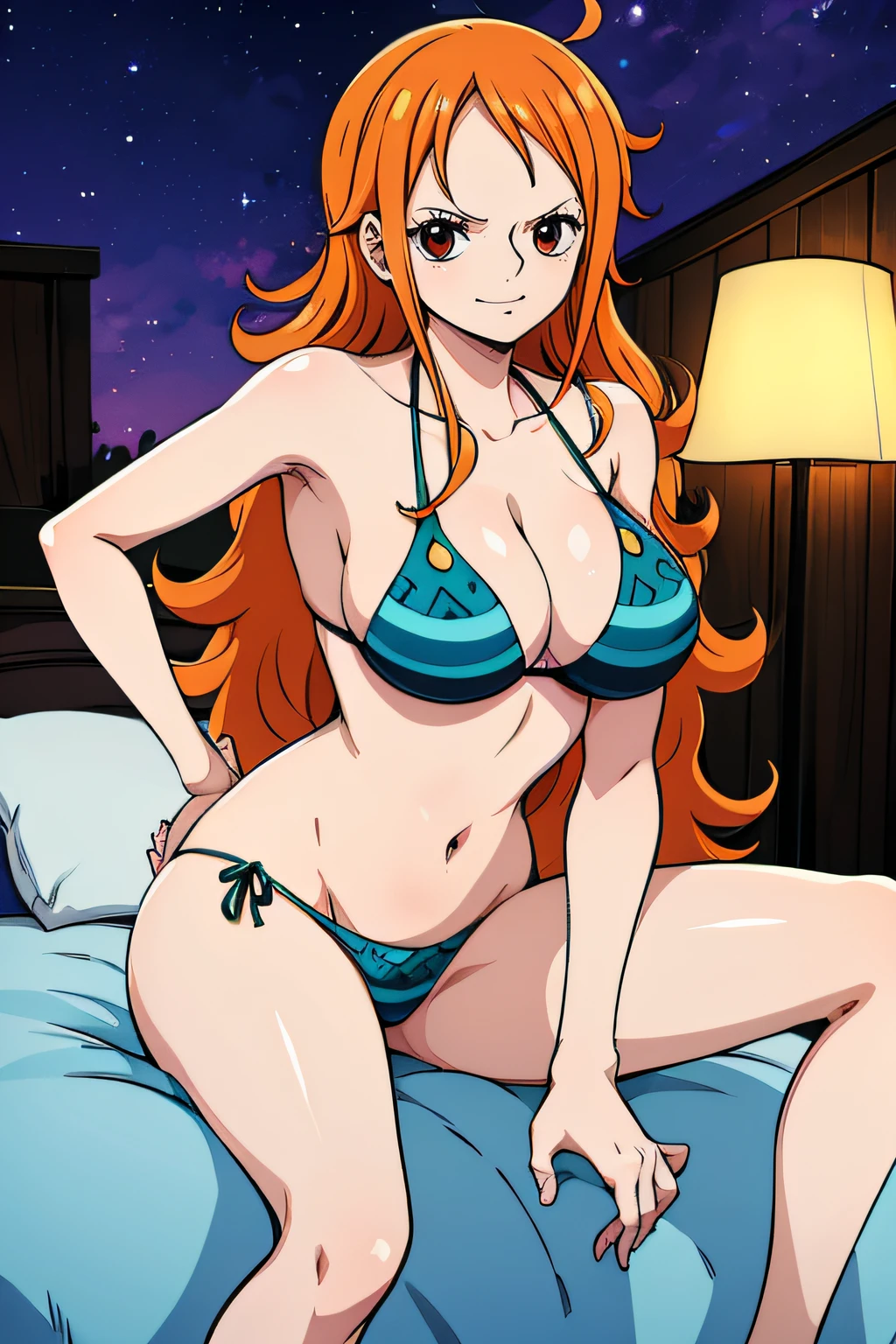 Generar una imagen realista de estilo anime de Nami de One Piece. Captura su apariencia distintiva con cabello naranja, and a cheerful expression. Make sure the image reflects your adventurous and confident personality as shown in the anime..., cuerpo completo, plano amplio , NSFW, Curvy athletic body, ojos naranjas, ojos naranjas, Noche, bikini negro, Casa, cama, ojos naranjas