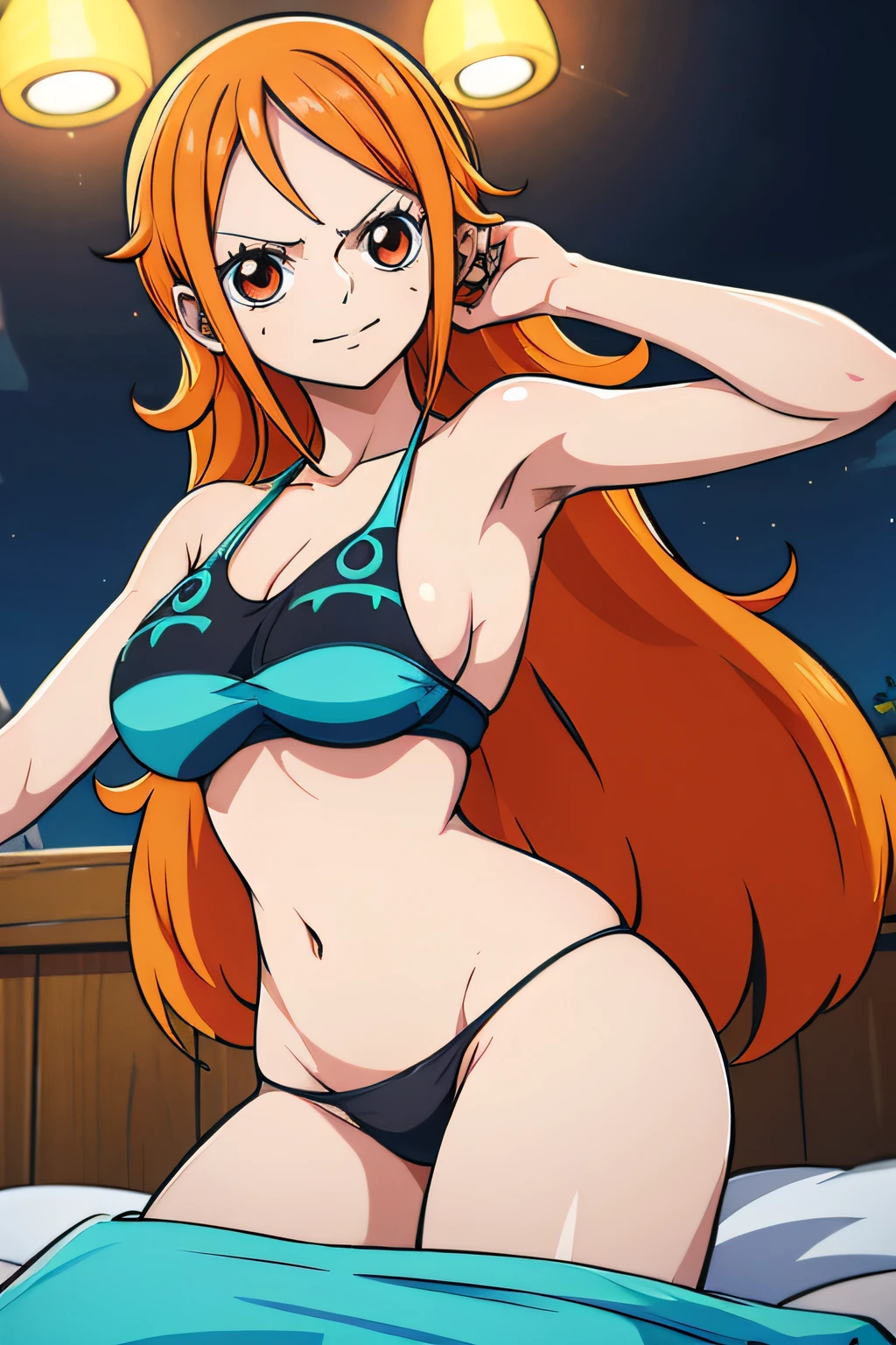 Generar una imagen realista de estilo anime de Nami de One Piece. Captura su apariencia distintiva con cabello naranja, and a cheerful expression. Make sure the image reflects your adventurous and confident personality as shown in the anime..., cuerpo completo, plano amplio , NSFW, Curvy athletic body, ojos naranjas, ojos naranjas, Noche, bikini negro, Casa, cama, ojos naranjas