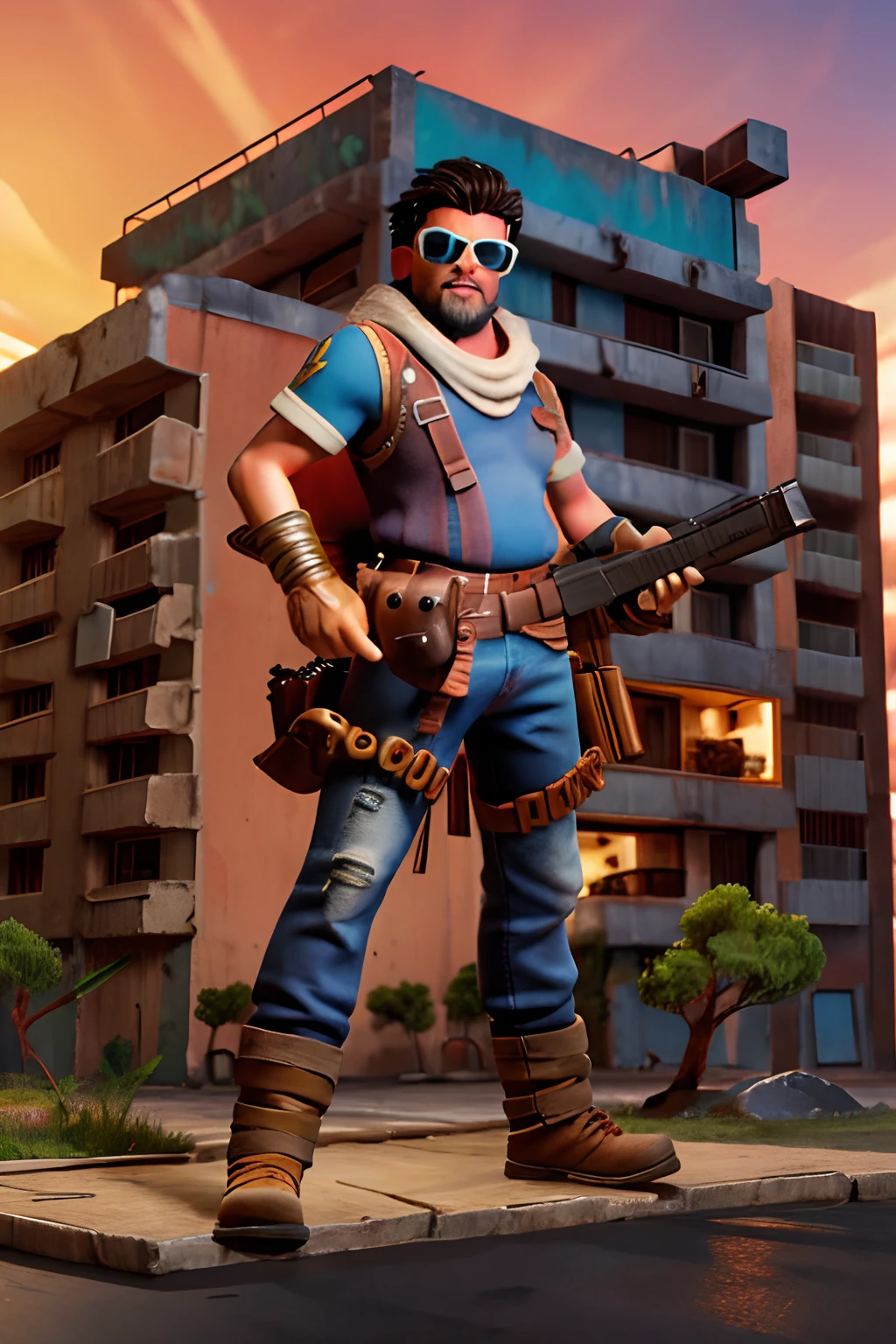 imagem de um homem branco, with black hair and black beard and sunglasses, segurando uma arma, Protecting one's own life and a red object, console PS5, in a post-apocalyptic city with zombies nearby wanting to attack you, dramatic wielding gun pose, man is carrying a rifle, in style of apex legends, battle action pose, epic action pose, empunhando fuzil de assalto, portando um fuzil, segurando um rifle, segurando fuzil, 2d illustration, 2d illustration, segurando um mp7, in an action pose, personagem de videogame, Post-apocalyptic ruins covered in bushes, homem com uma arma, Destroyed buildings, alagado